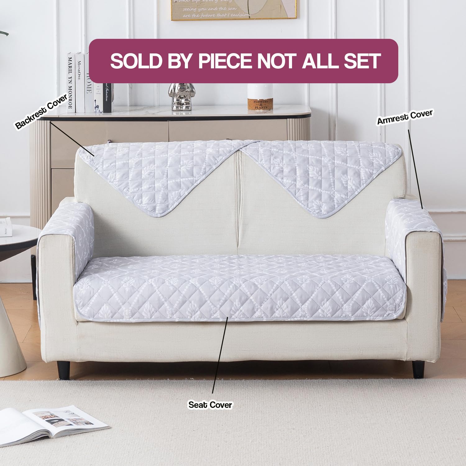 Printed Quilted Sofa Cover for 1/2/3/4 Seater Anti-Slip- Grey Canvas