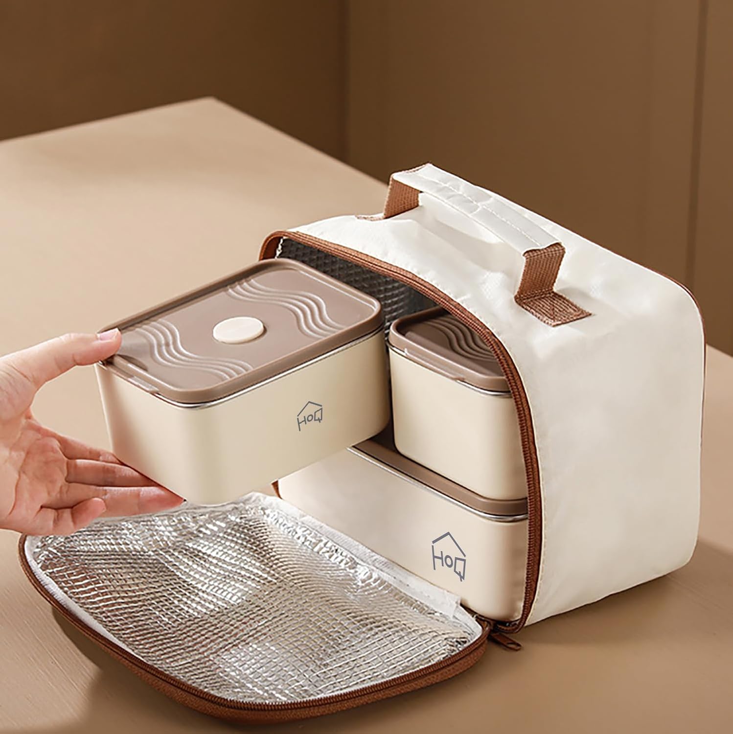 304 Stainless Steel Bento Box – 3 Leakproof Containers with Insulated Carry Case (Beige)