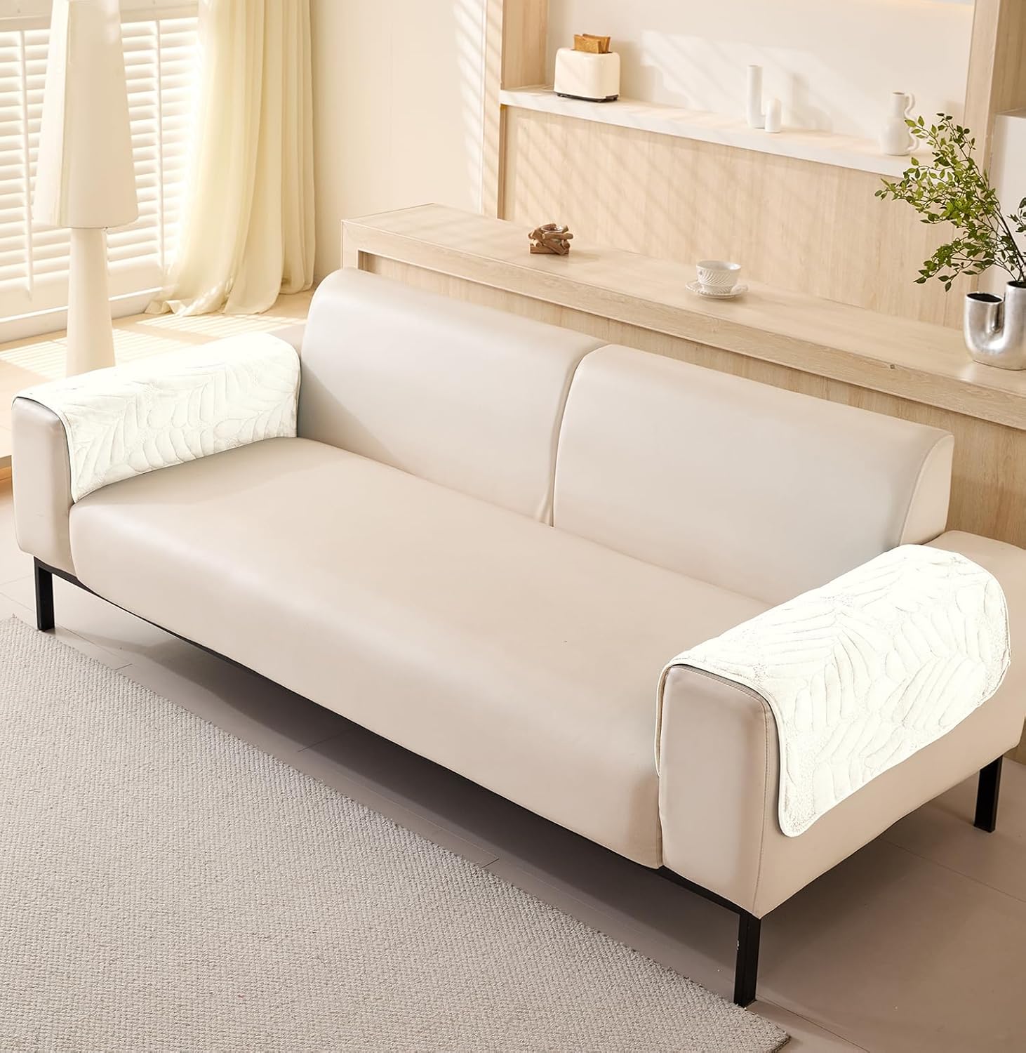 Sofa Cover Mat Leaf Coral Fleece Chenille Fabric Seater Sofa ( Cream)