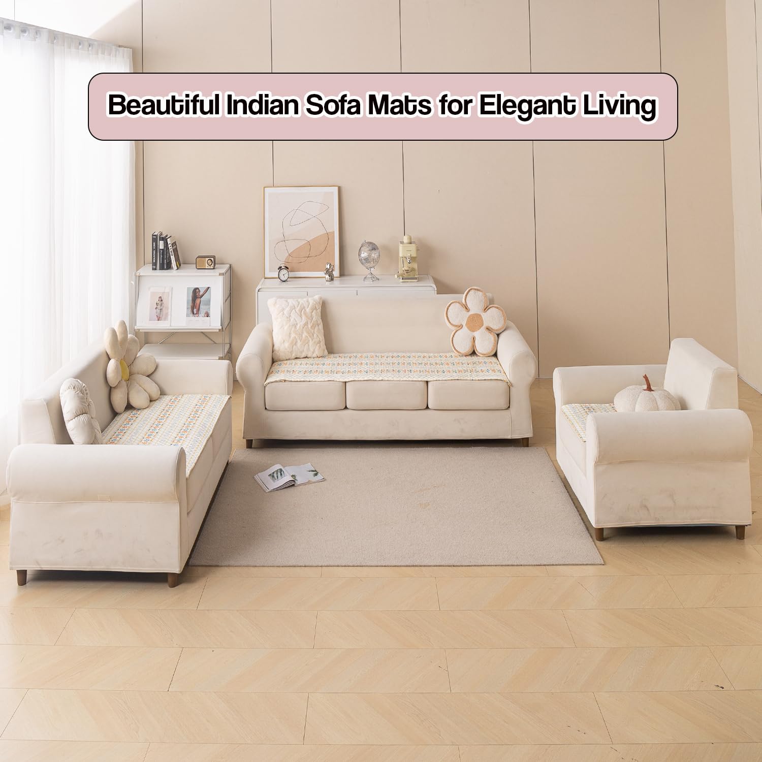 Printed Sofa Cover for Indian Sofa Set Quilted, Washable & Durable (Beige Garland)