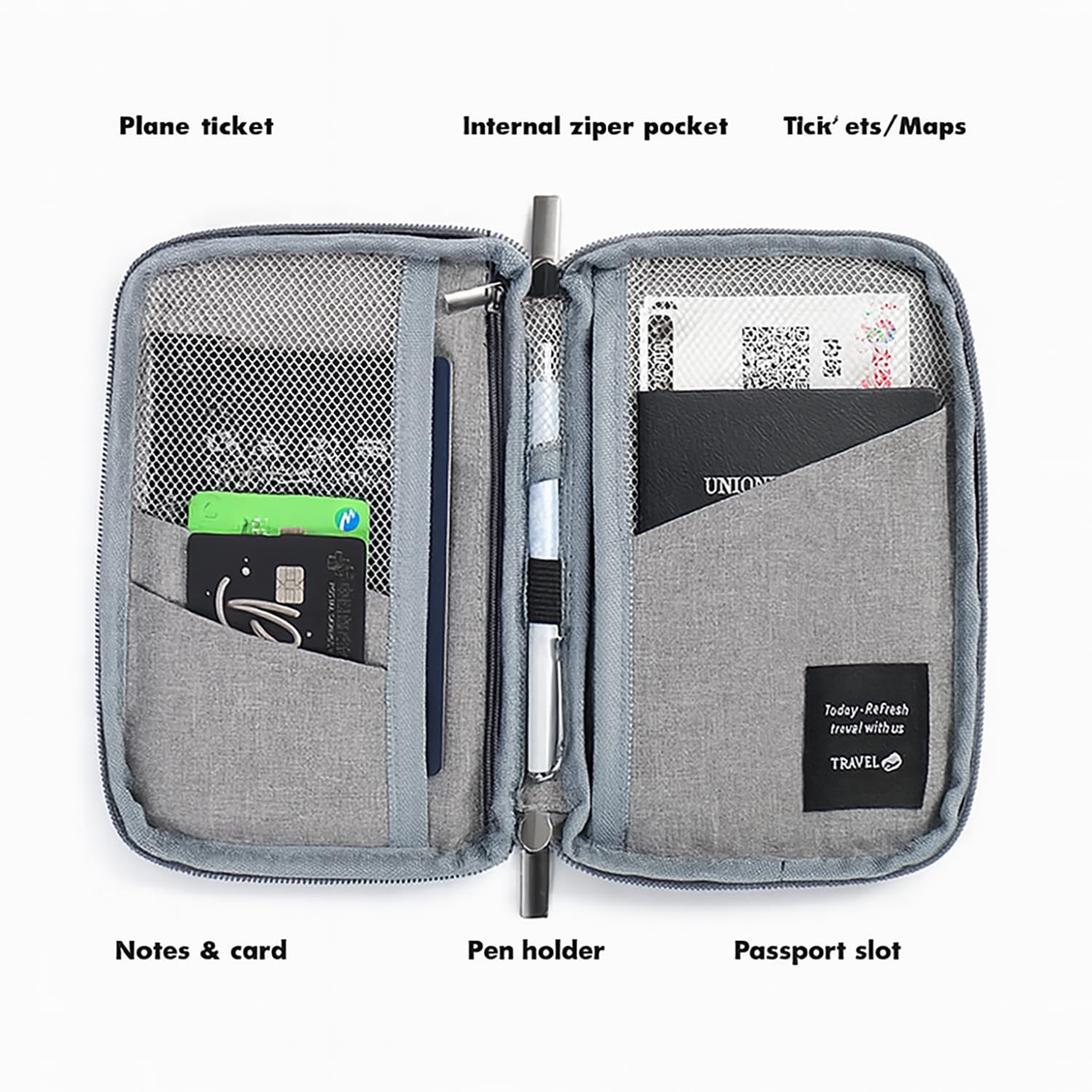 Travel Passport Holder Document Organizer Bag & Zip Closure (Black)