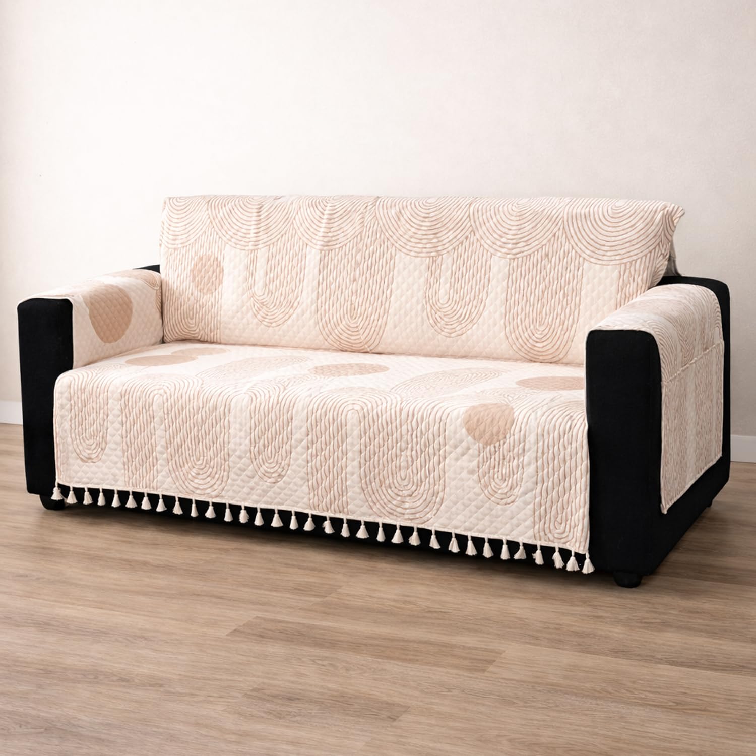 IKATRA Series Quilted Printed Sofa Cover for Indian Sofa Set with Side Pocket (Beige Loom)