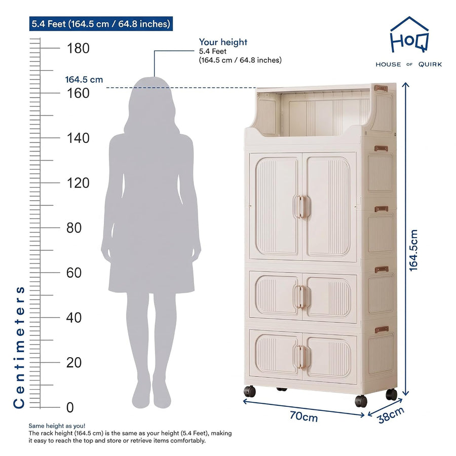 Foldable Wardrobe with Magnetic Doors & Wheels - Ivory White