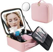 Makeup Bag with Lighted Mirror, Case Setting & Adjustable Dividers (Pink)