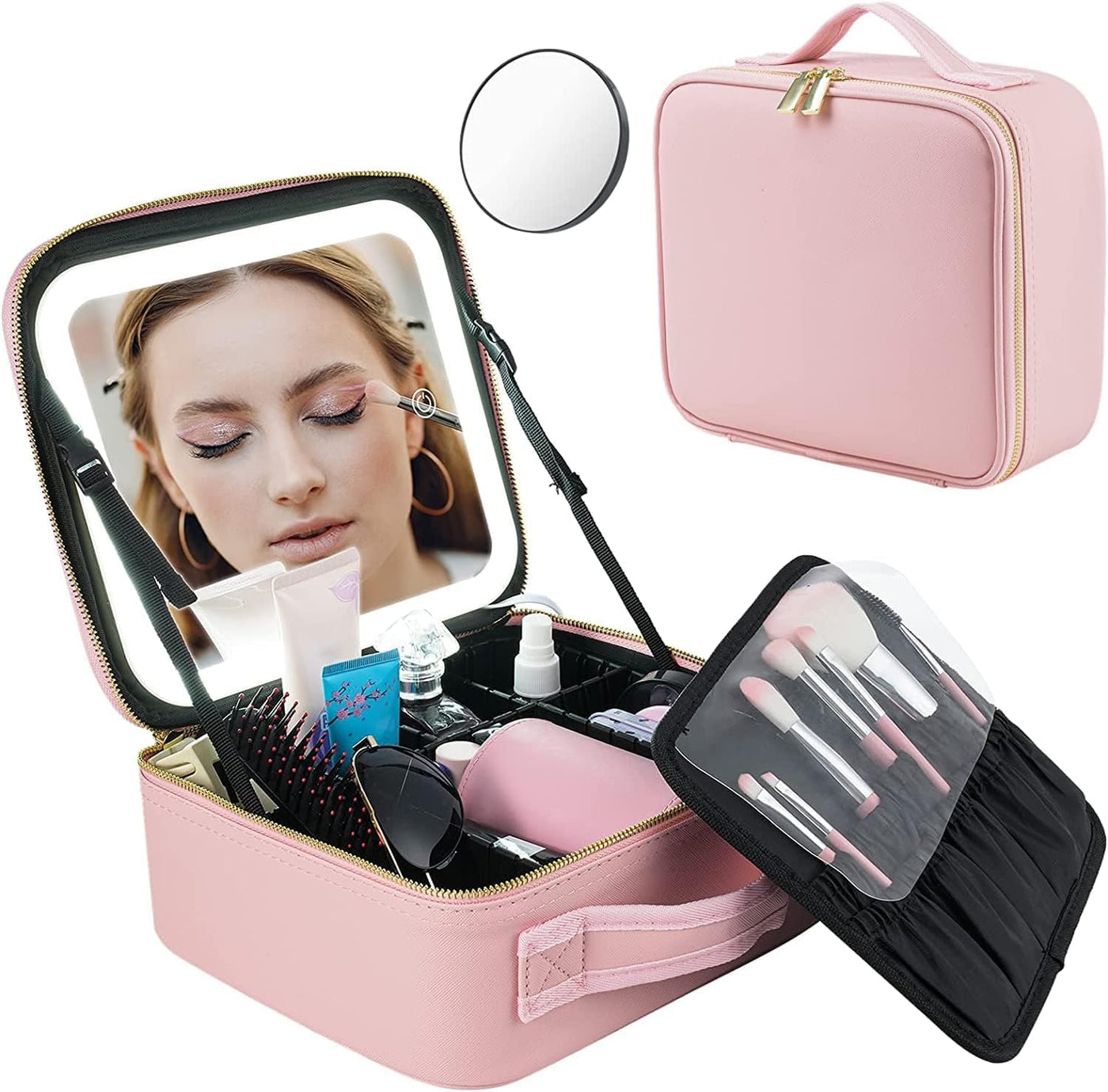 Makeup Bag with Lighted Mirror, Case Setting & Adjustable Dividers (Pink)