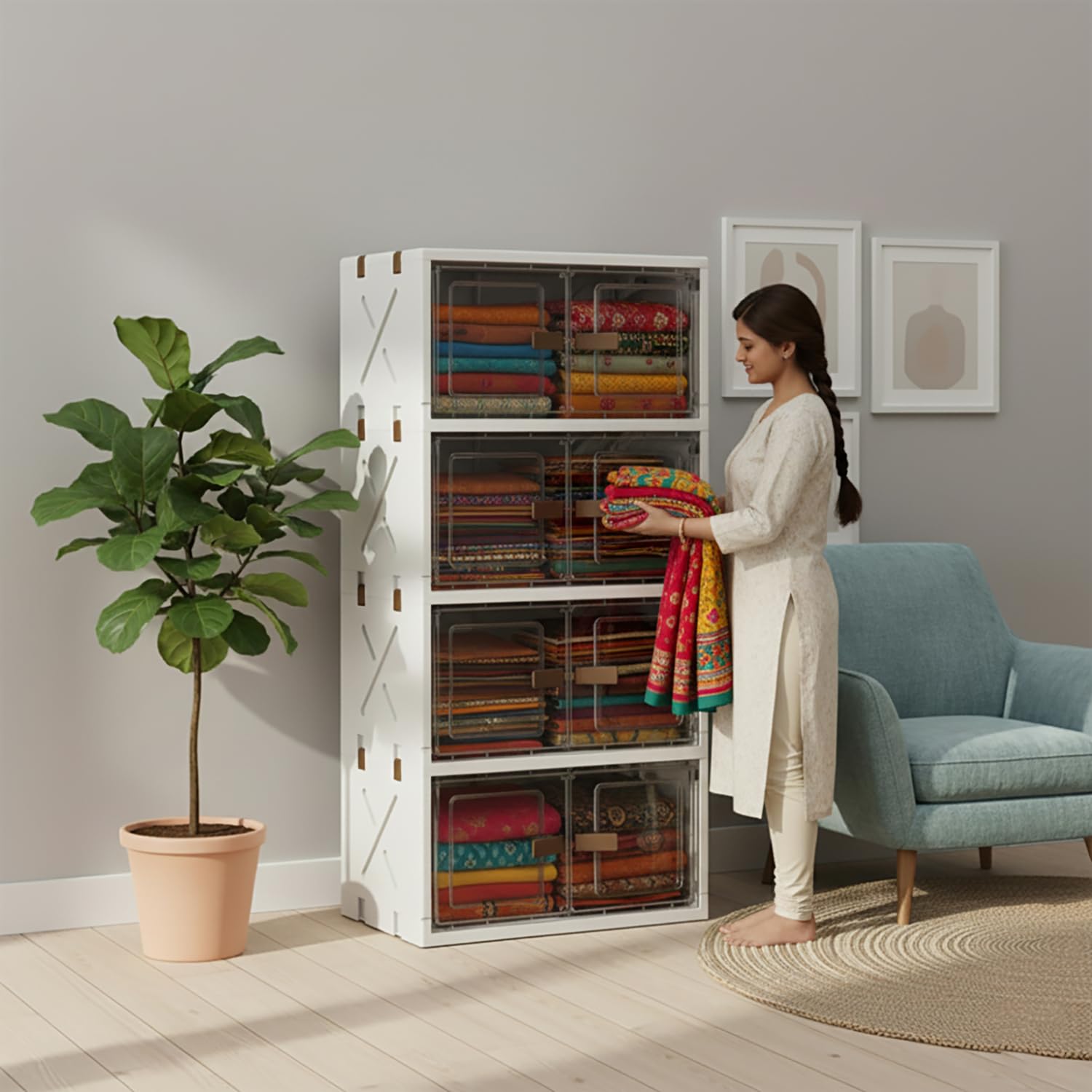 Foldable Flip-Top Plastic Storage Box with Dual Doors – 40cm (Transparent/Cream)