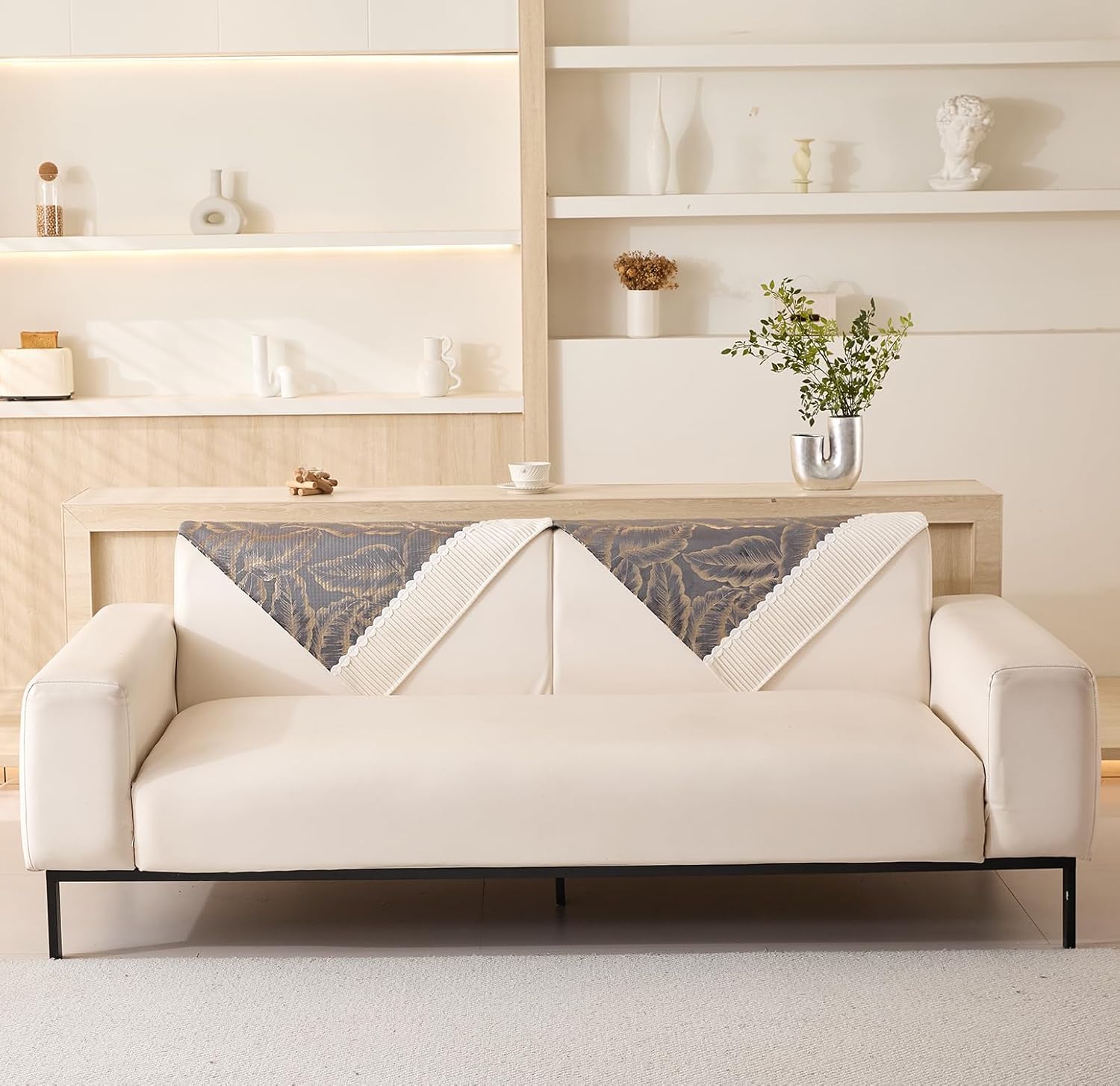 Sofa Cover Mat Leaf Pattern Chenille Fabric Seater Sofa (Grey)