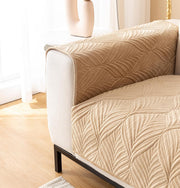 Velvet Palm Leaves Pattern Quilted Sofa Cover Set – 3-Piece Set (2 Armrest Covers 50x70cm + 1 Seat Cover) Beige