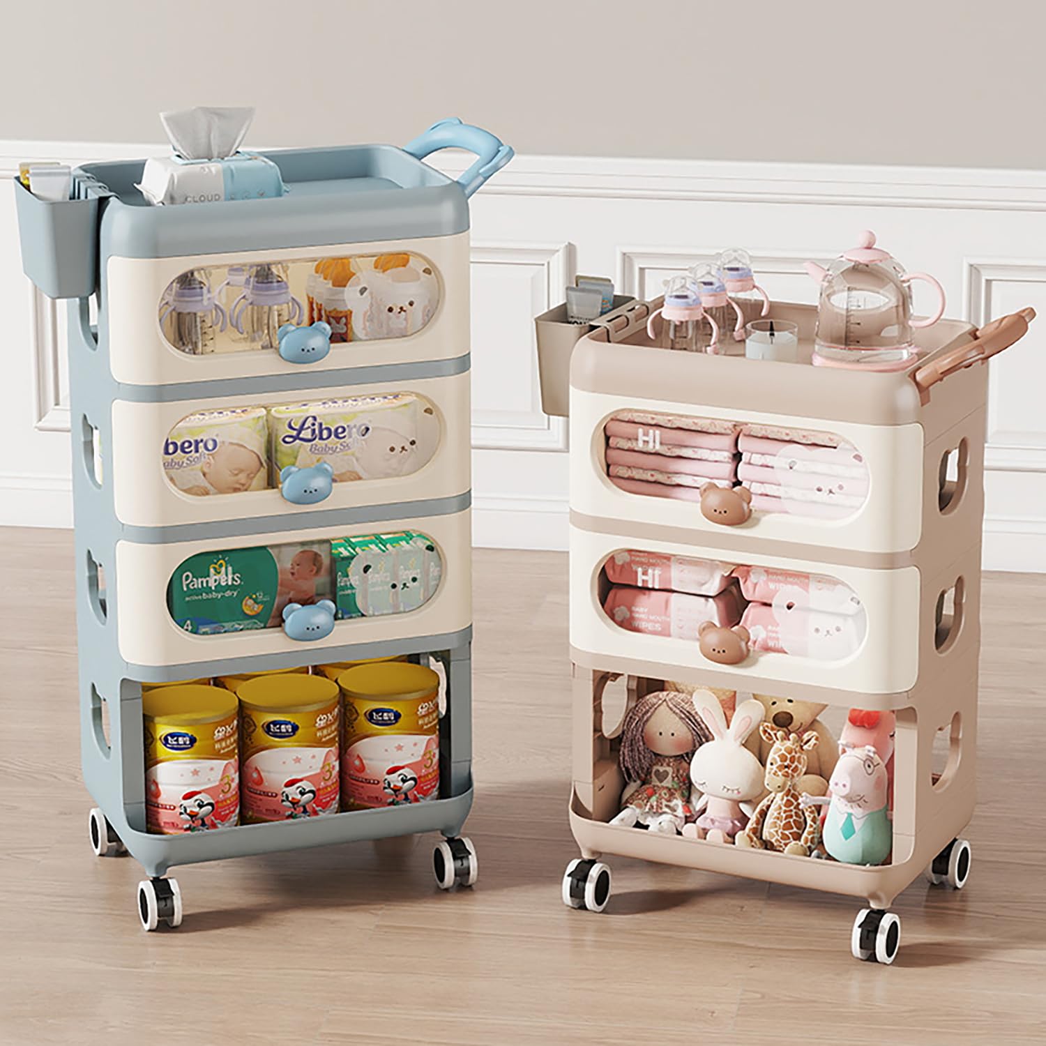 4-Tier Baby Dresser Storage Trolley Plastic Rolling Cart with Drawers