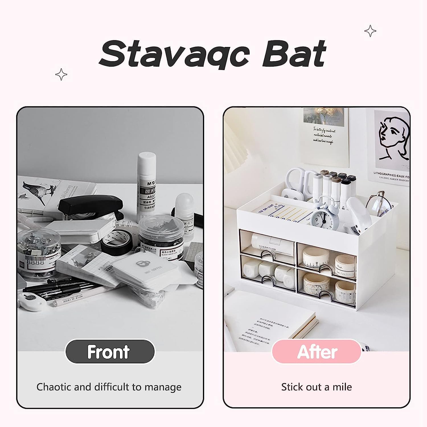 Desk Organiser with Drawer, Multifunctional 4 Plastic Compartments-White