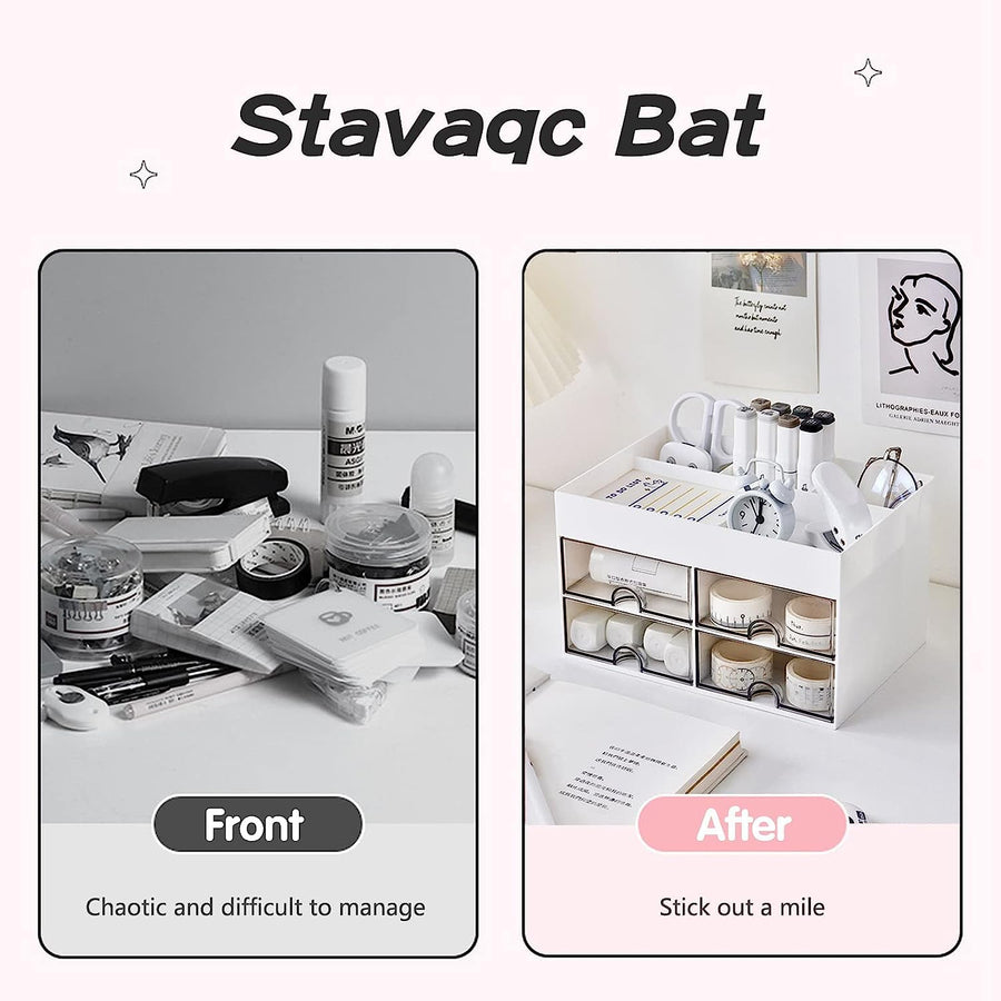 Desk Organiser with Drawer, Multifunctional 4 Plastic Compartments-White
