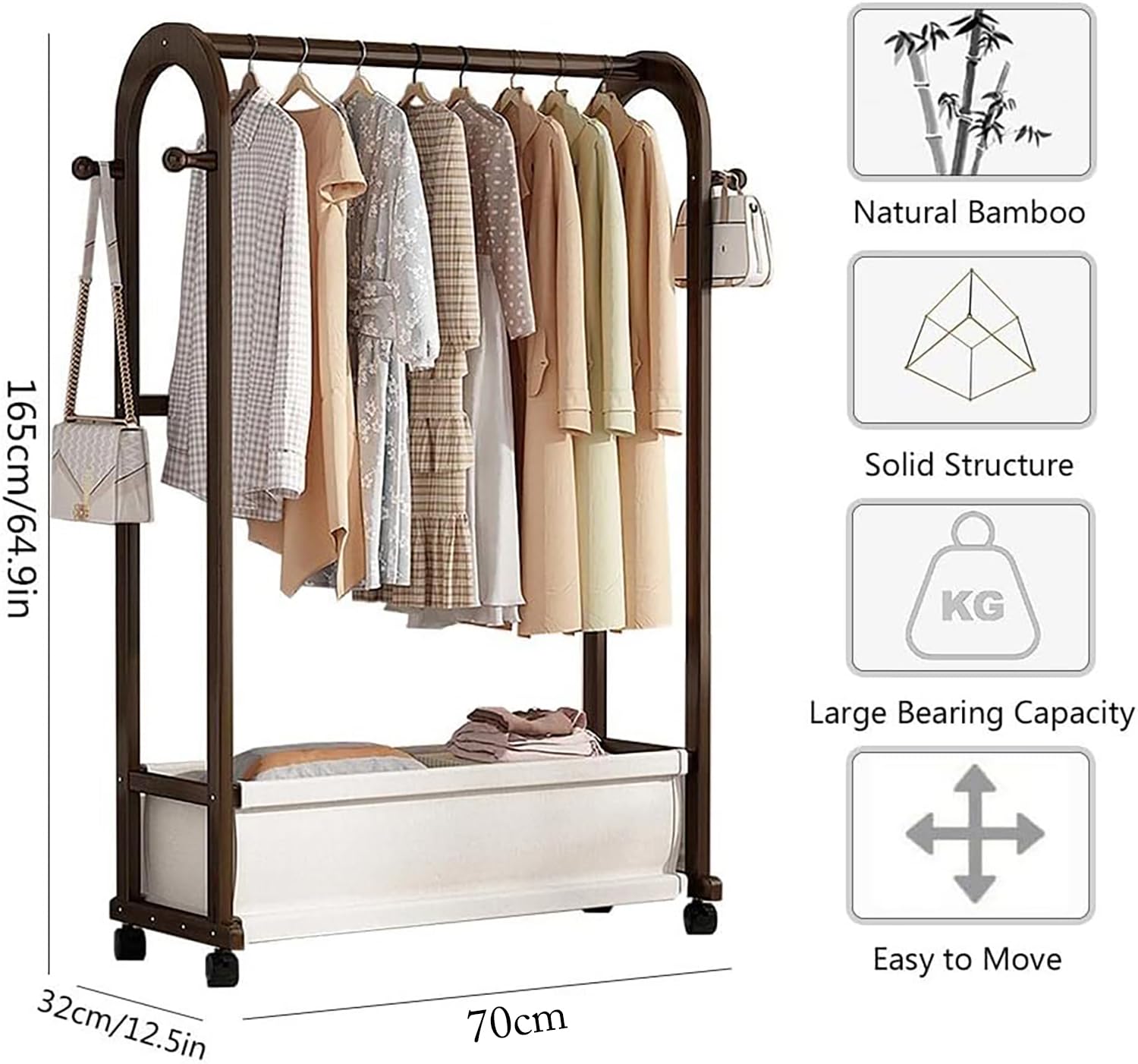 Portable Wooden Garment Rack Free-Standing Armoire (White, 100cm)
