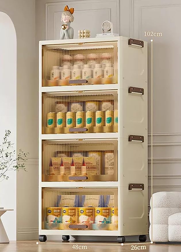 Flip Storage Box Organizer with Wheels and Doors (4 Layer 48 cm, Beige)