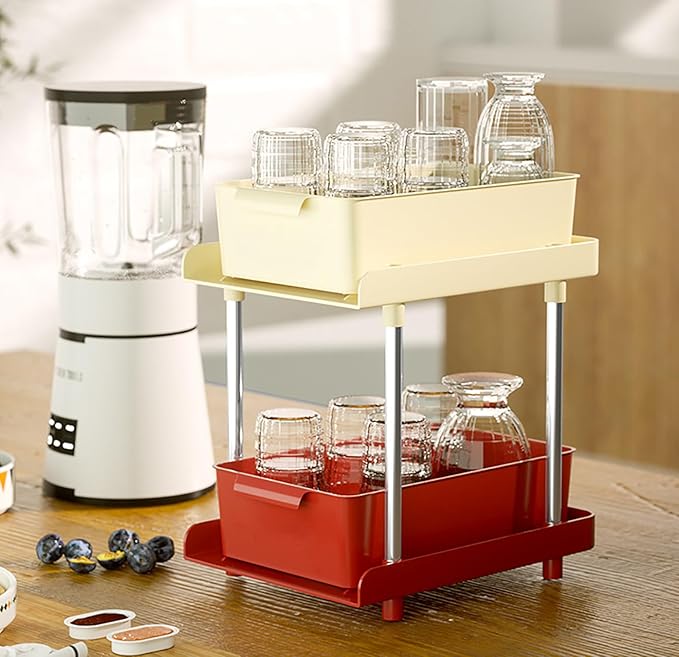 Under Sliding Cabinet Basket Organizer, 2 Layer Organizers (Green/Red)