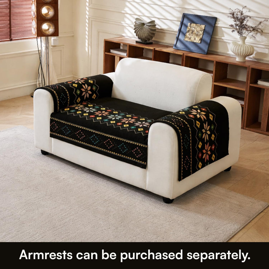 Rangoli Series Chenille Bohemia Couch Cover Quilted Non-Slip Washable Sofa Slipcover (Black)