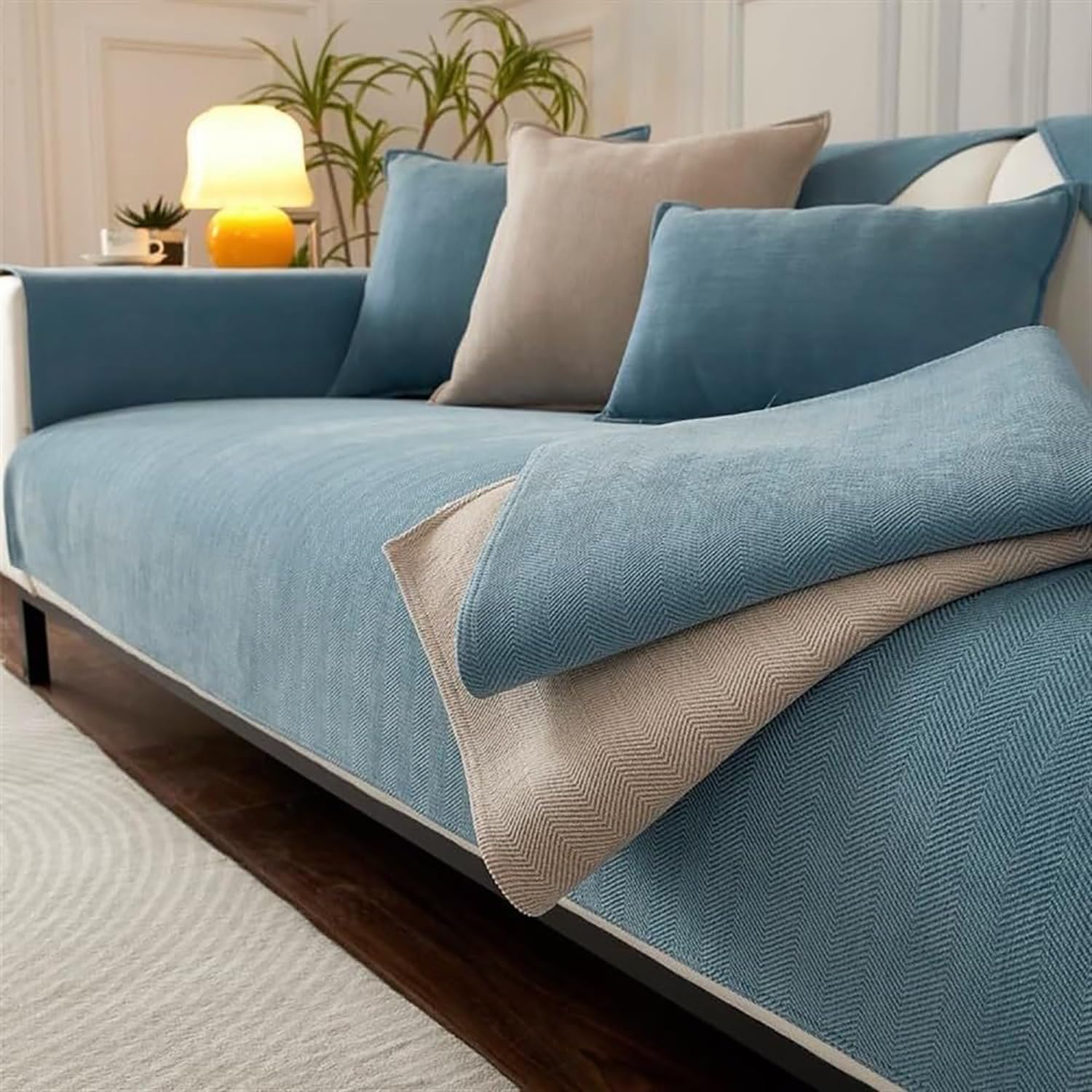 Herringbone Chenille Sofa Cover Set – 3 Pcs (2pc Armrest Covers 50x70cm + 1pc Seat Cover) Blue