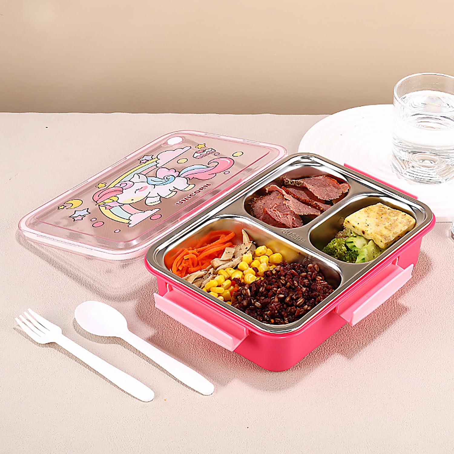 304 Stainless Steel Lunch Box for Kids, 4 Compartment Leak-Proof Bento Box with Lid