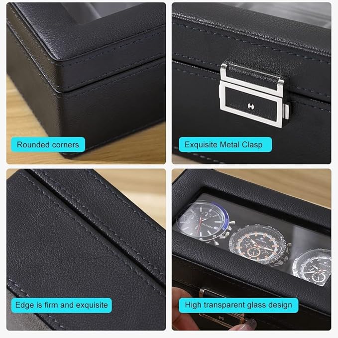 3 Slot PU Leather Watch Box with Glass Top,(Black)