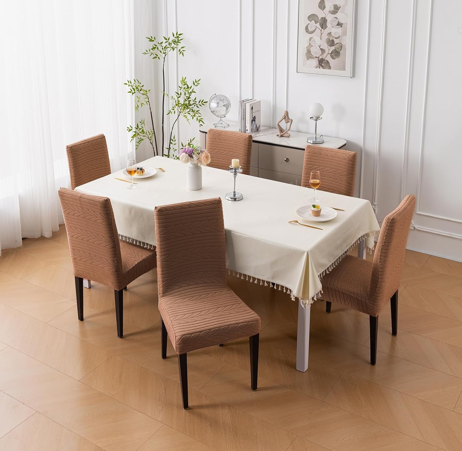 Flexible Stretch Dining Chair Cover 220 GSM Jacquard Fabric Universal Fit (Brown)