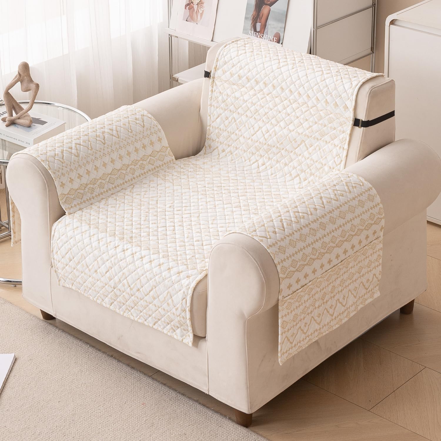 Quilted Printed Sofa Cover for Indian Sofa Set – Washable, Durable & Soft Fabric Protector (Sand Wave, One Seater)