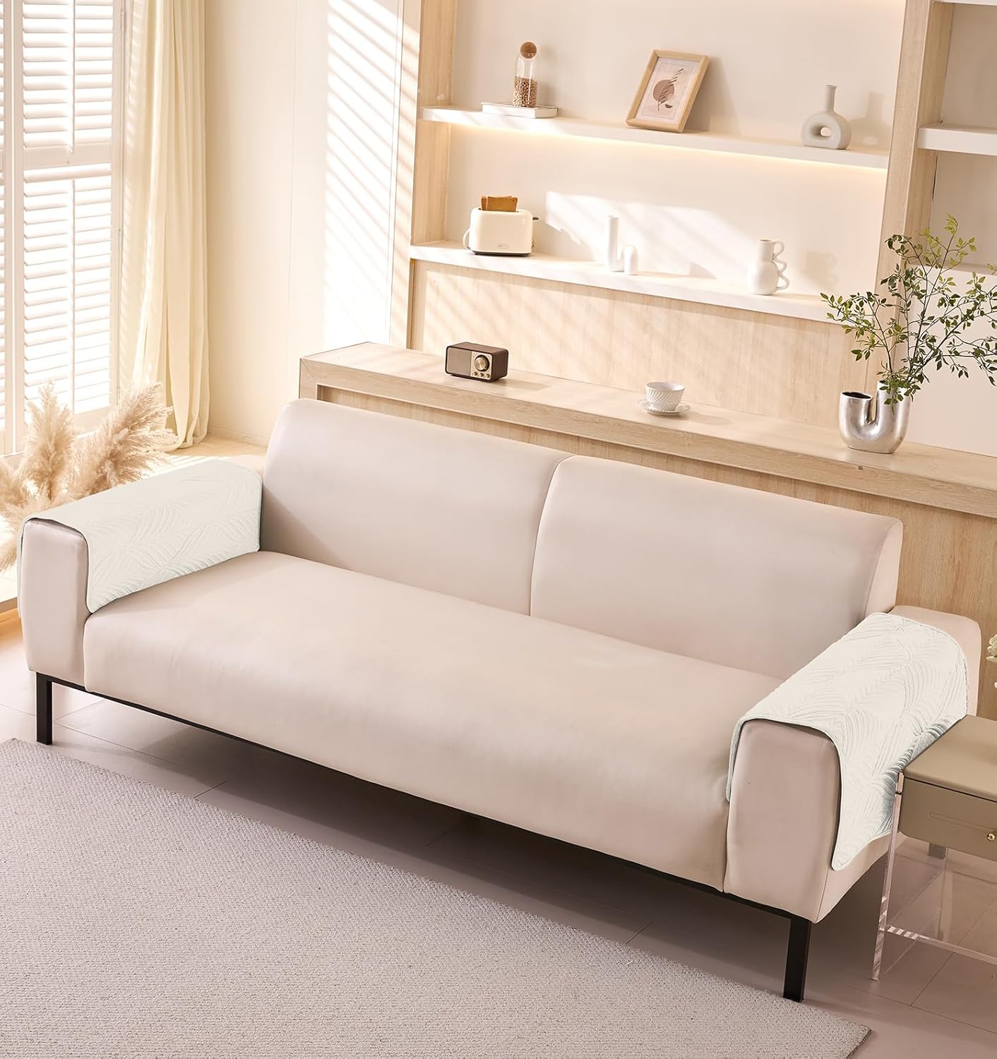 Velvet Palm Leaves Pattern Quilted Sofa Cover Set – 3-Piece Set (2 Armrest Covers 50x70cm + 1 Seat Cover) Cream