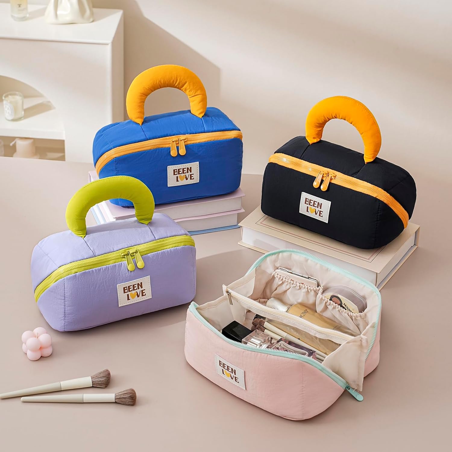 Travel Makeup Bag for Women – Lay Flat Cosmetic Bag with Compartments, Handle