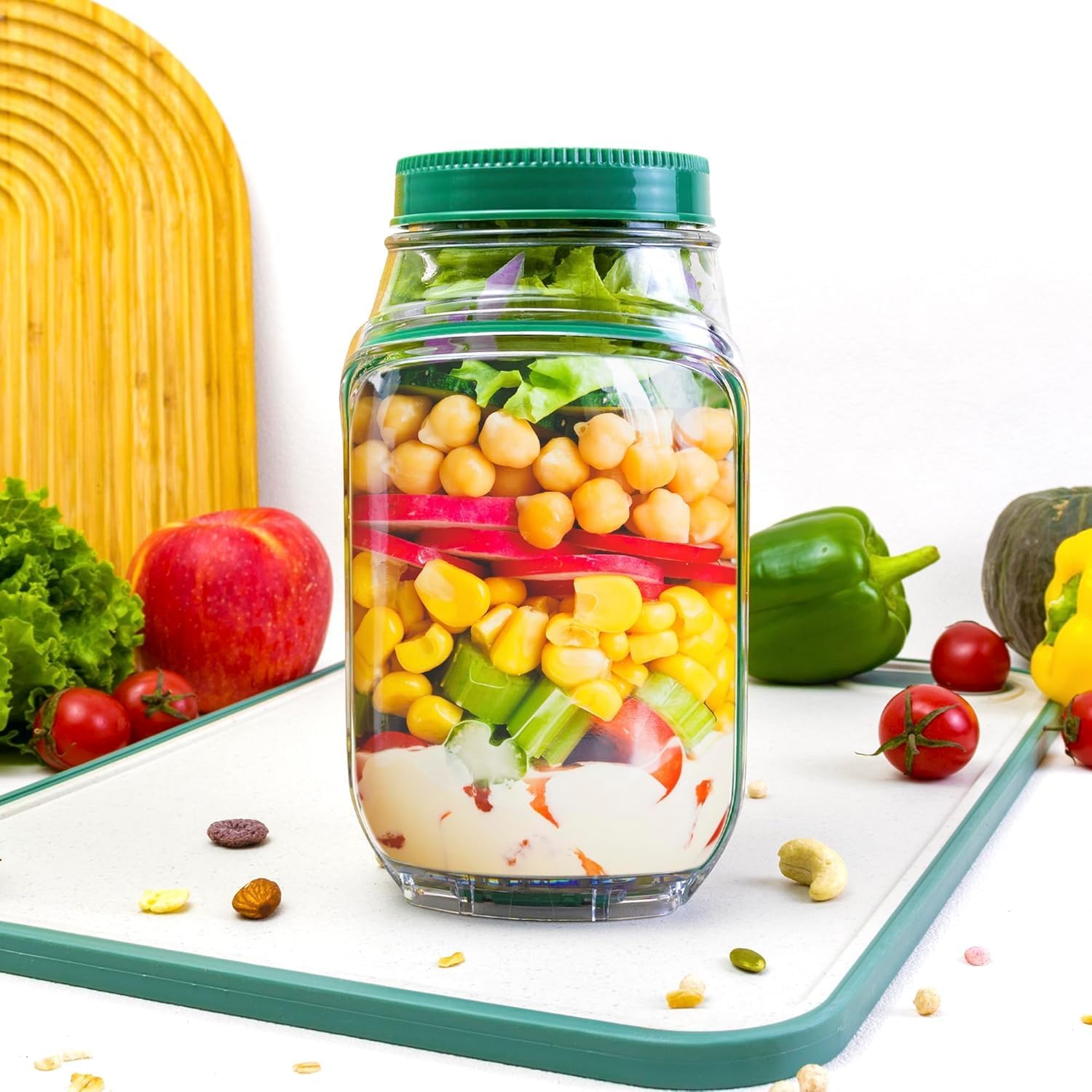 Portable Salad Pod Mason Jar with Leakproof Dressing Compartment – Reusable Travel Salad Container (Transparent)