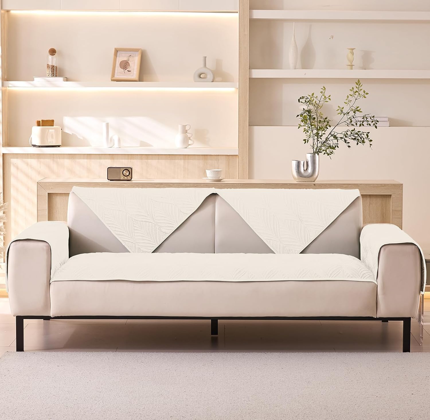Velvet Palm Leaves Pattern Quilted Sofa Cover Set – 3-Piece Set (2 Armrest Covers 50x70cm + 1 Seat Cover) Cream