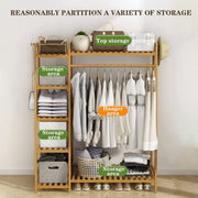 Bamboo Wood Garment Clothing Rack with 5 Tiers Storage Shelf- Tan