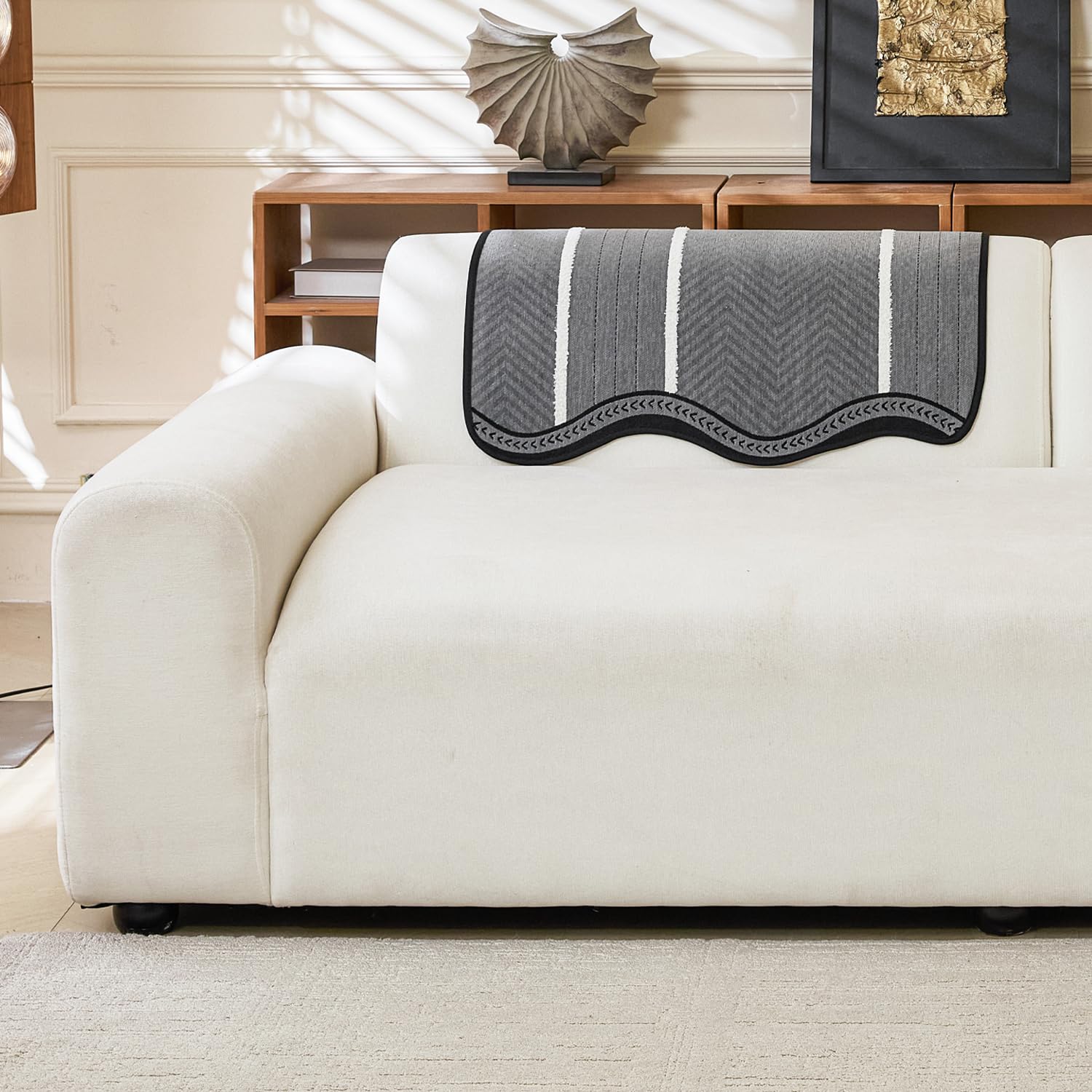 Loom Stripe Series Chenille Couch Cover Curved Edge Quilted Non-Slip Sofa Cover (Grey)
