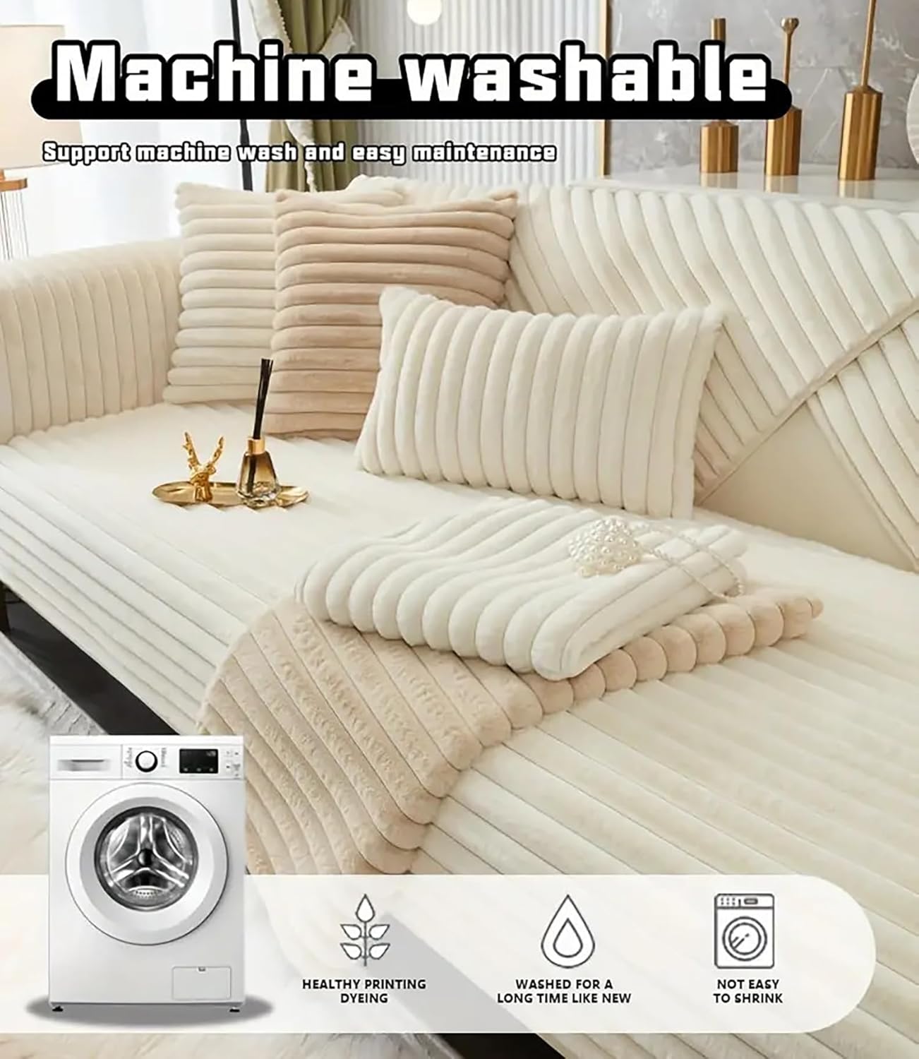 3D Striped Rabbit Plush Soft Sofa Mat Anti-Slip Fuzzy Plush- Cream