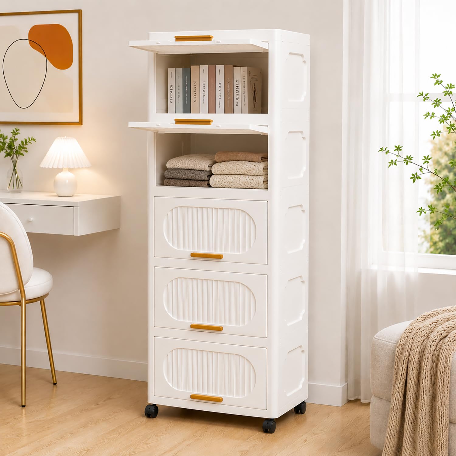 Stackable Collapsible Storage Boxes with Wheels and Doors – Versatile Plastic ( White 40 cm)