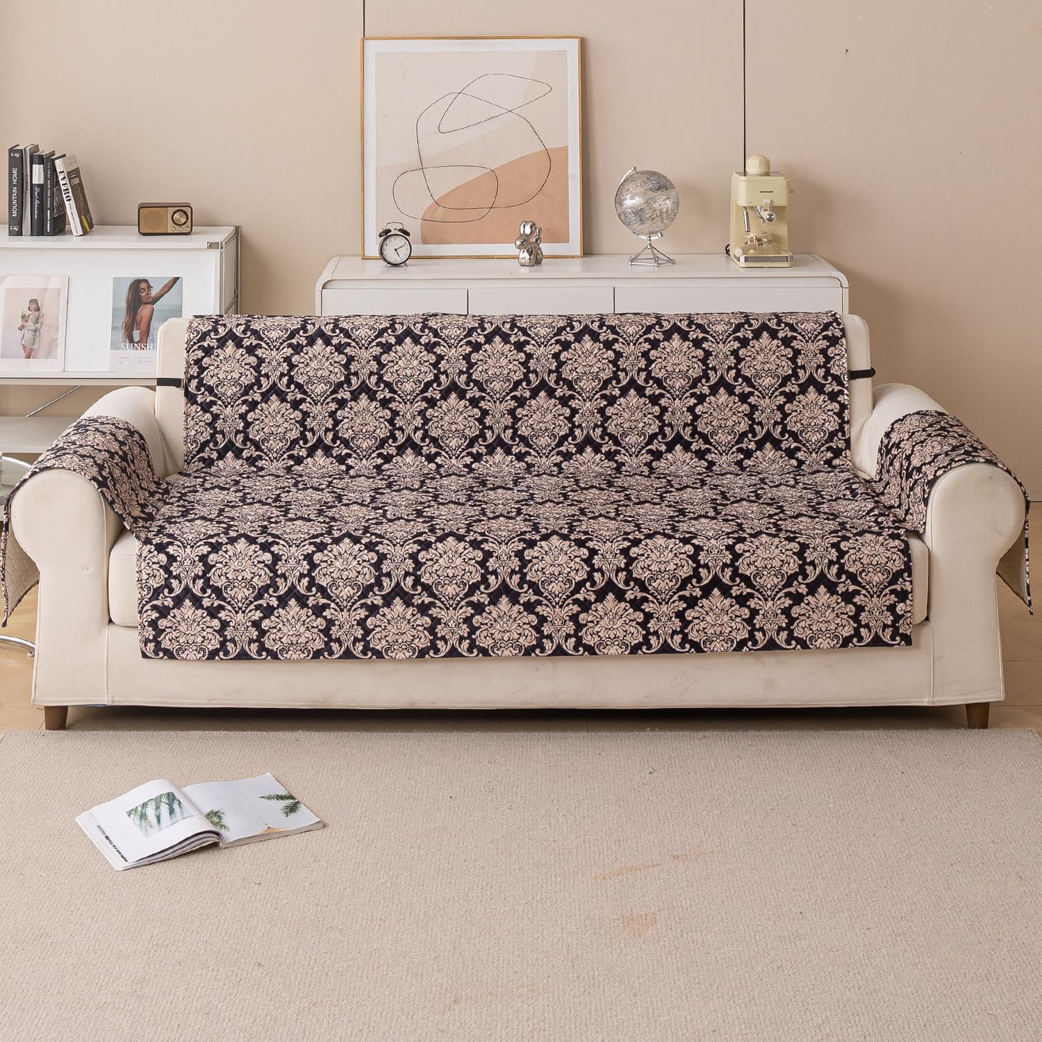 Quilted Printed Sofa Cover for Indian Sofa Set – Washable (Black Motif)