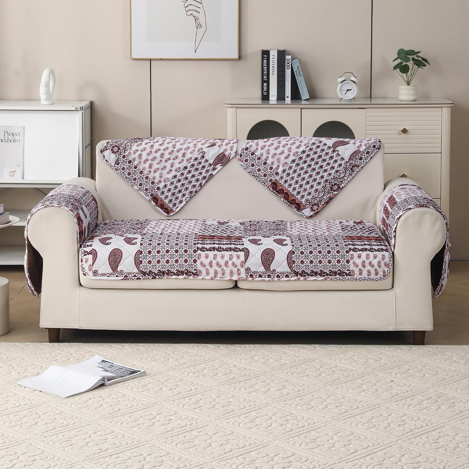 'Aura Petal Series' Quilted Sofa Mat Printed – Anti Slip (Boho Brown)