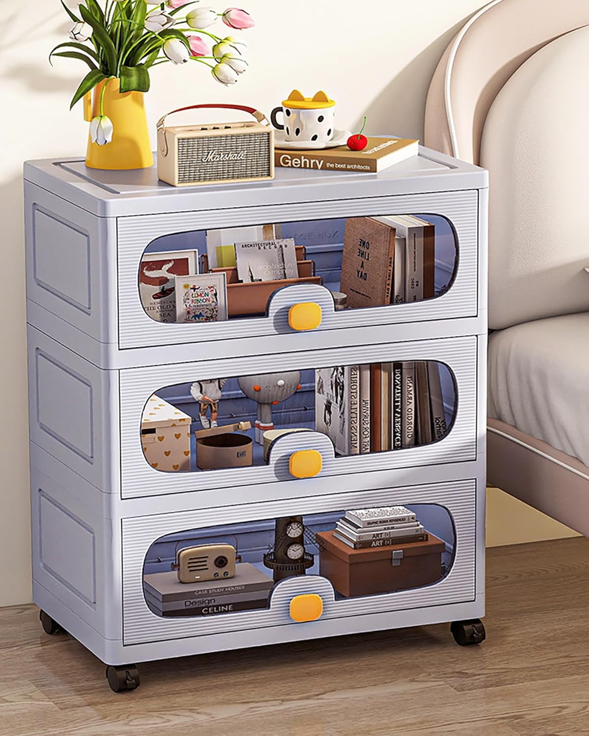 Stackable Collapsible Storage Box Cabinet with Wheels & Flip Doors (Grey)