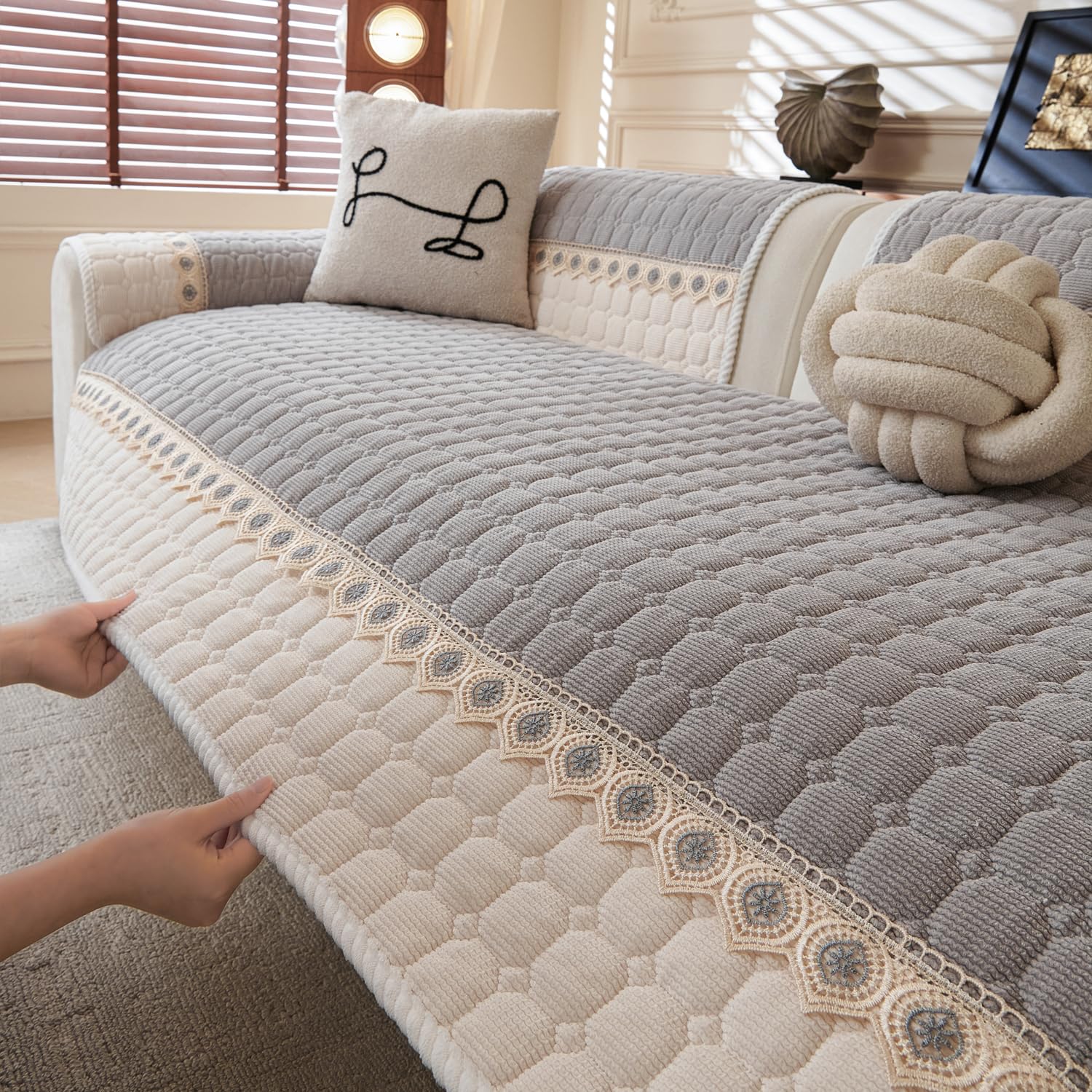 Waffle Quilt Corduroy Chenille Sofa Cover – Quilted, Non-Slip, Washable & Durable Protector (Grey)