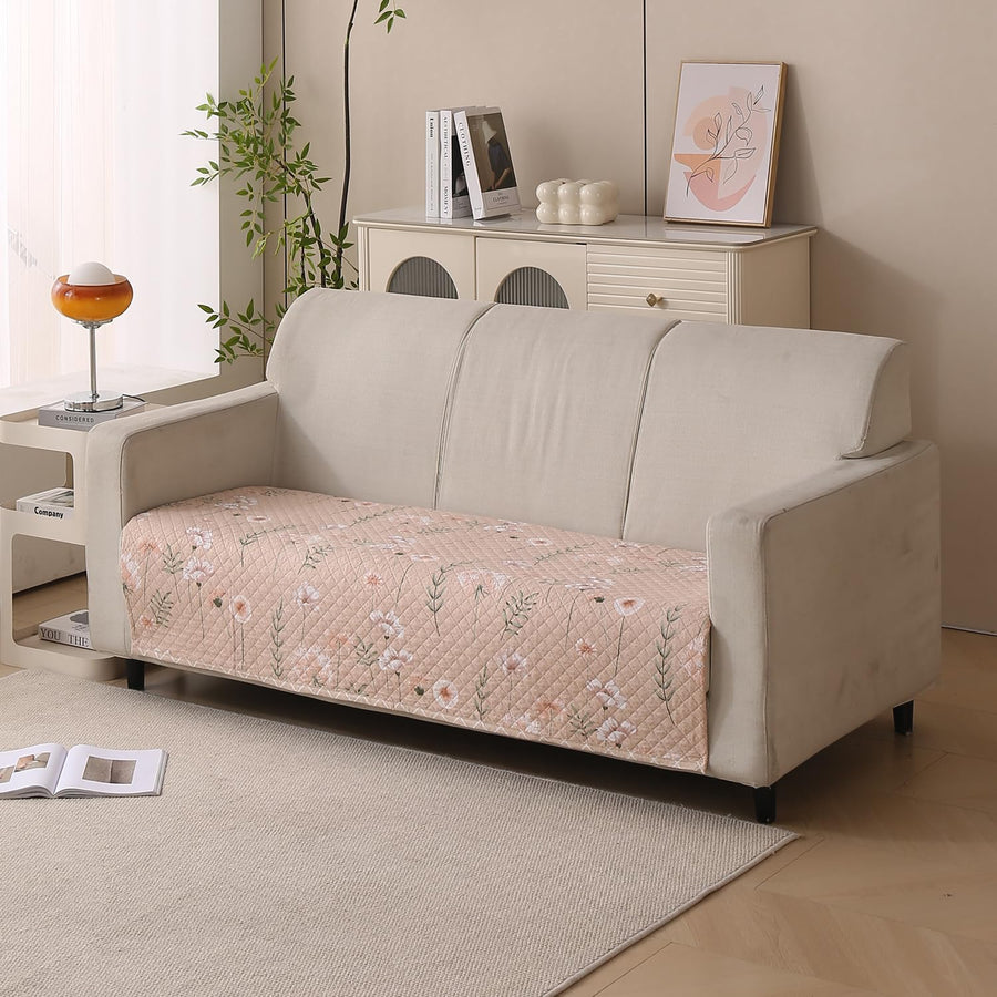 Reversible Printed Quilted Sofa Cover Mats for 1/2/3/4 Seater Sofa Cover- Beige Blush