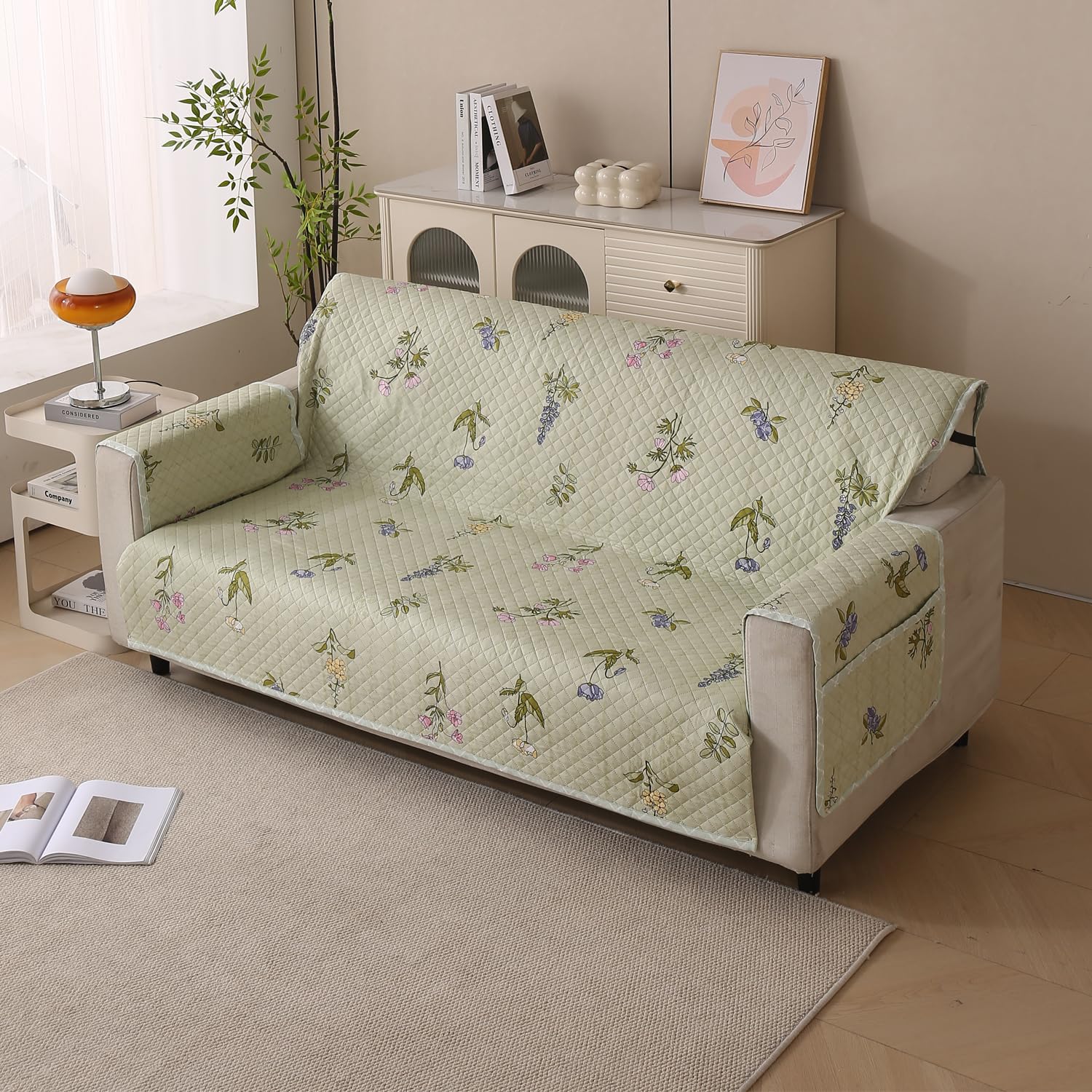 Polyester Sofa Cover Mat Reversible Couch Protector- Green Floral