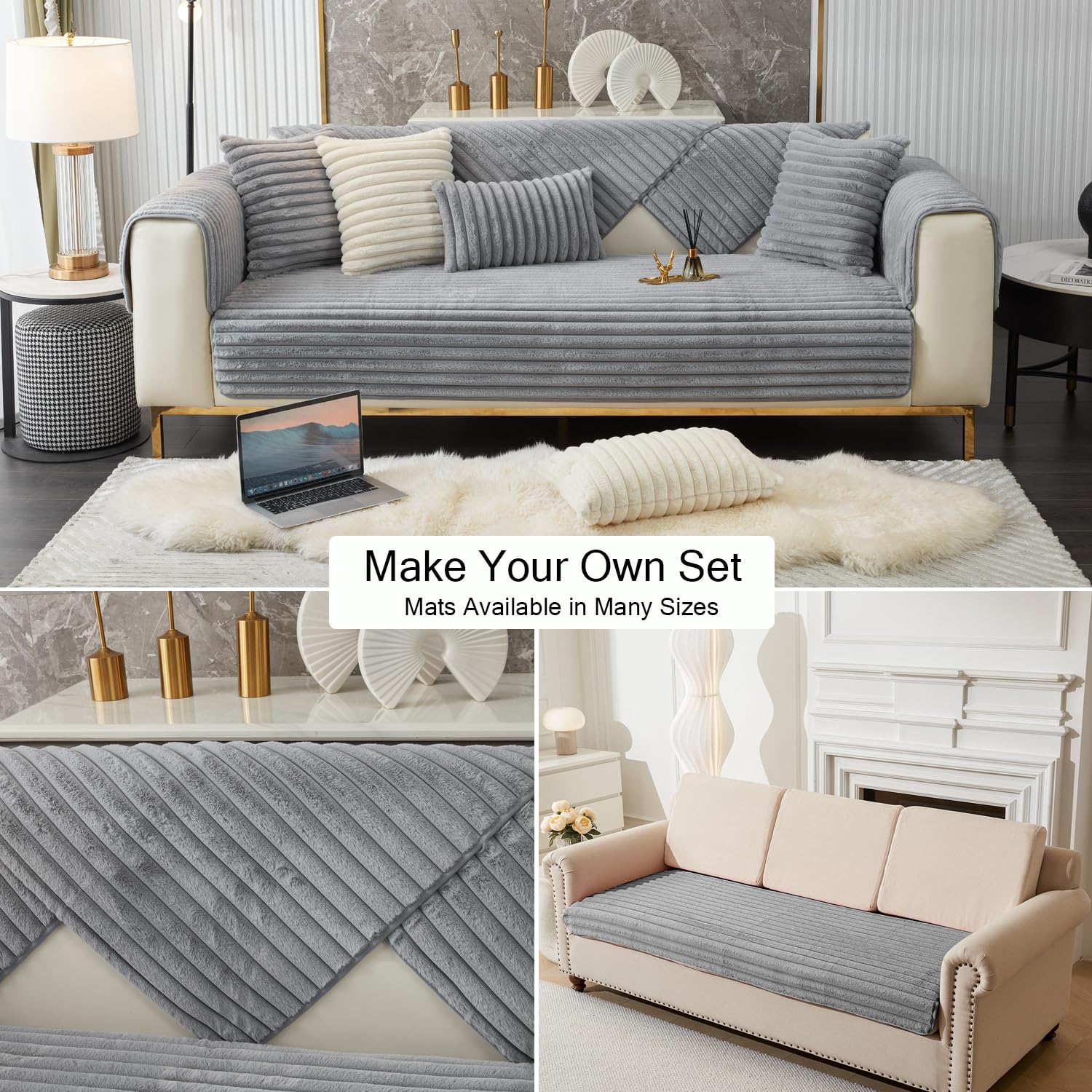 3D Striped Rabbit Plush Soft Sofa Mat Anti-Slip Fuzzy Plush- Grey