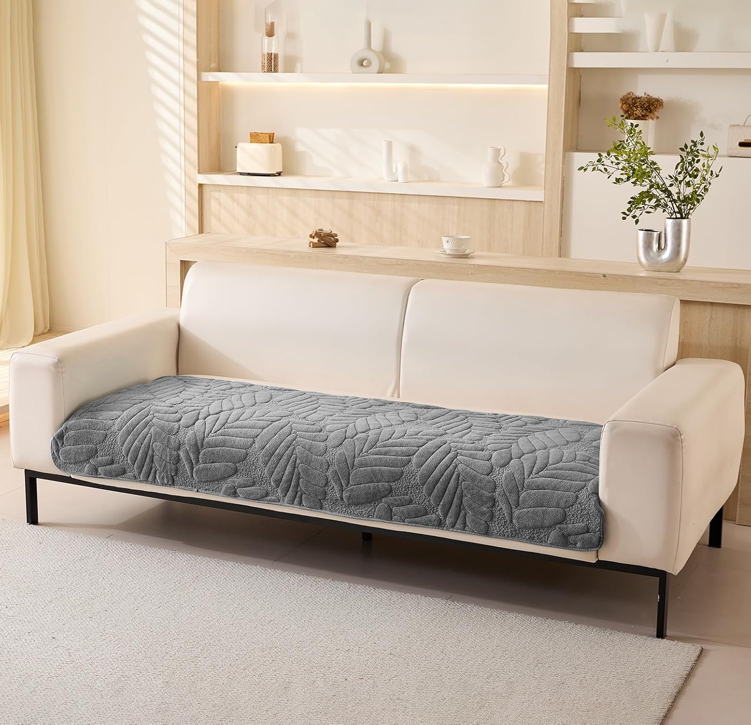 Sofa Cover Mat Leaf Coral Fleece Chenille Fabric Seater Sofa (Charcoal)