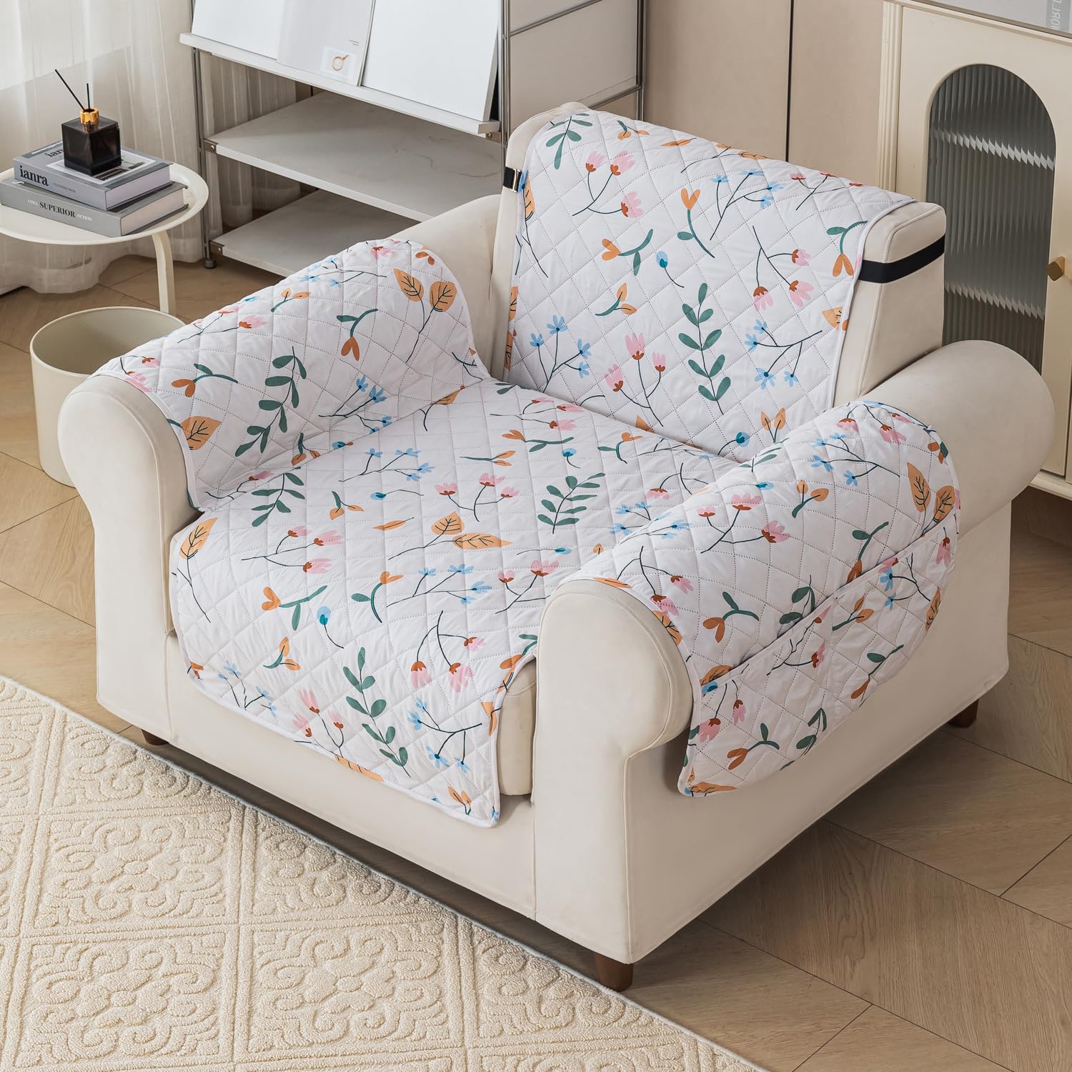 Gulnaar Series Anti-Slip Sofa Cover Mat with Pocket – Polyester Couch Protector(Blush Meadow)