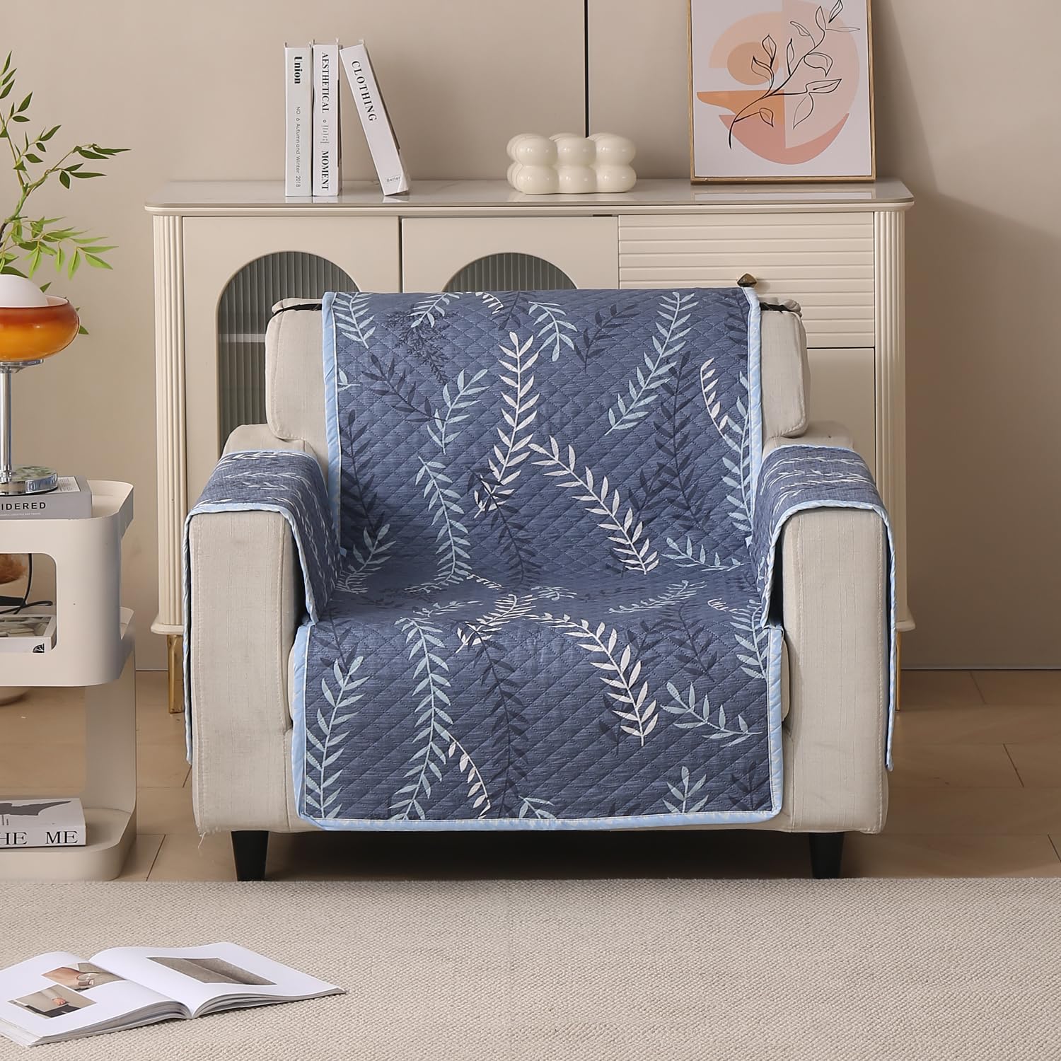 Polyester Sofa Cover Mat Reversible Couch Protector-Blue Fern