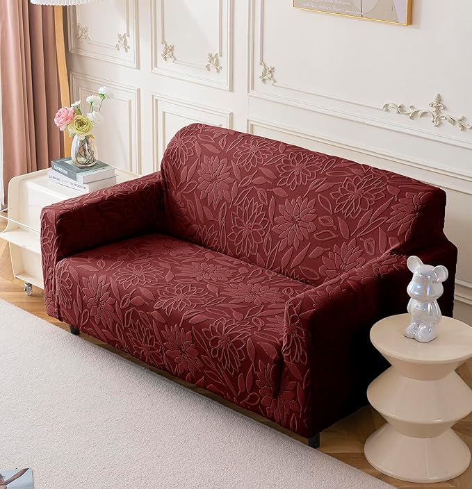 Universal Jacquard Waterproof Camellia Fabric Sofa Cover (Maroon)