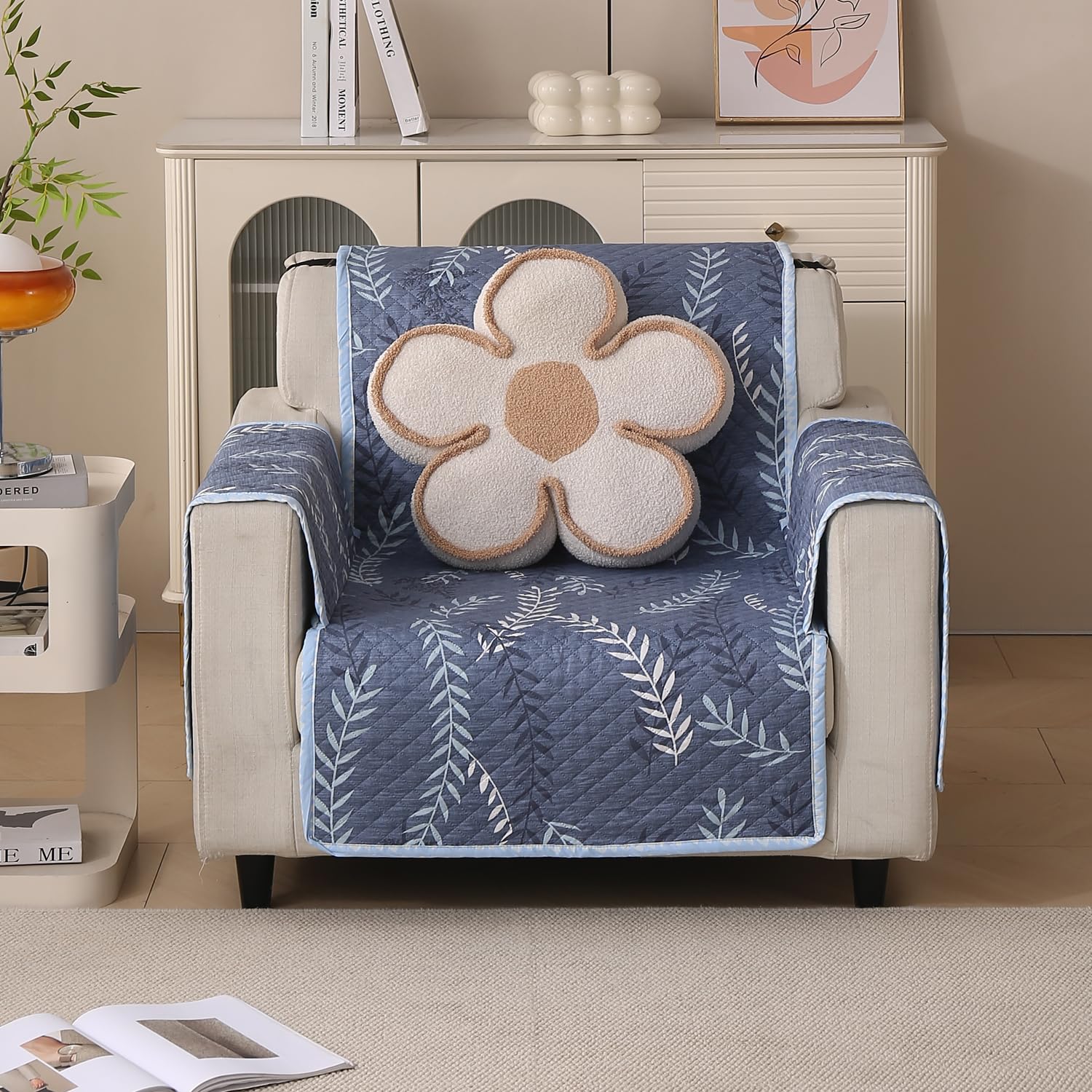 Polyester Sofa Cover Mat Reversible Couch Protector-Blue Fern