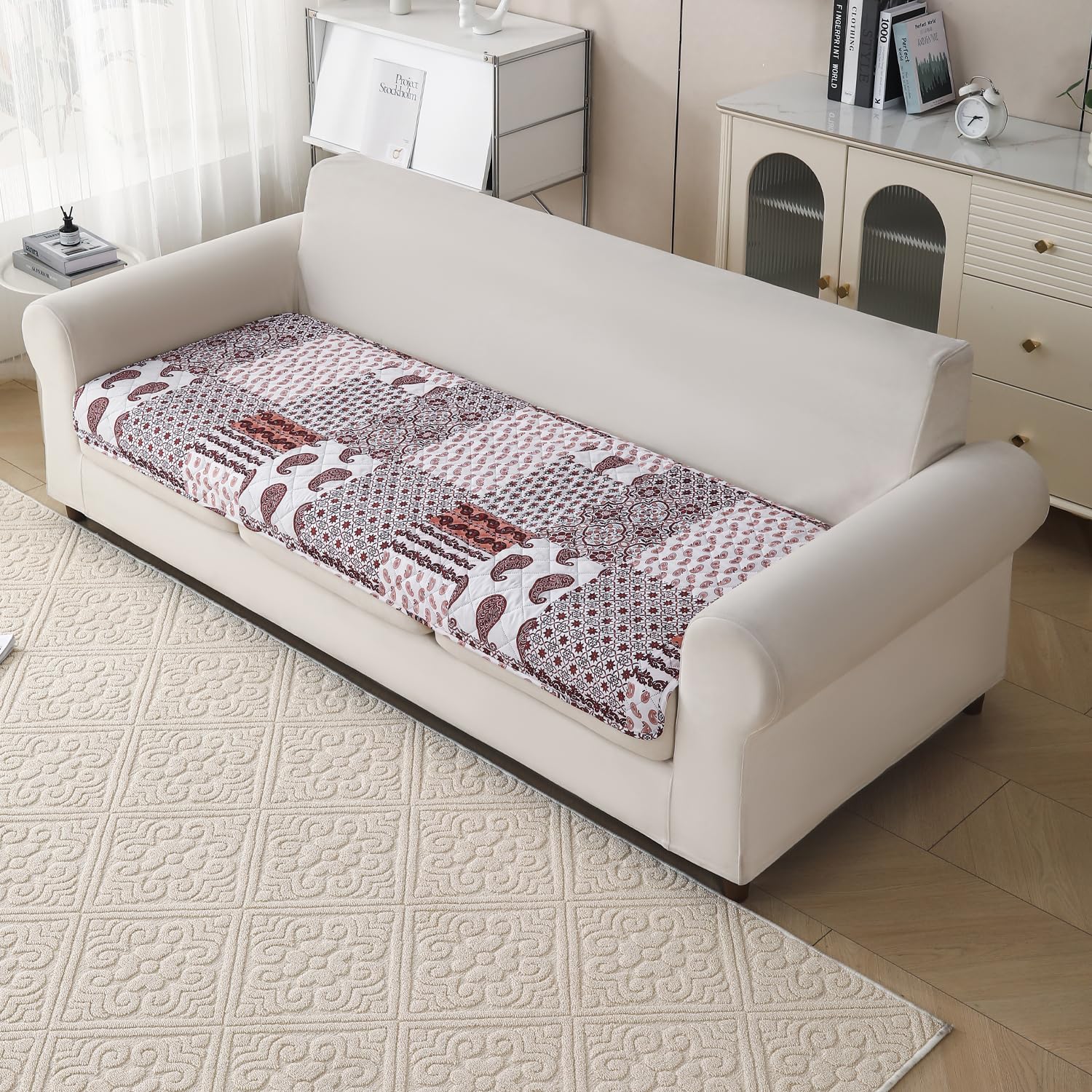 'Aura Petal Series' Quilted Sofa Mat Printed – Anti Slip (Boho Brown)