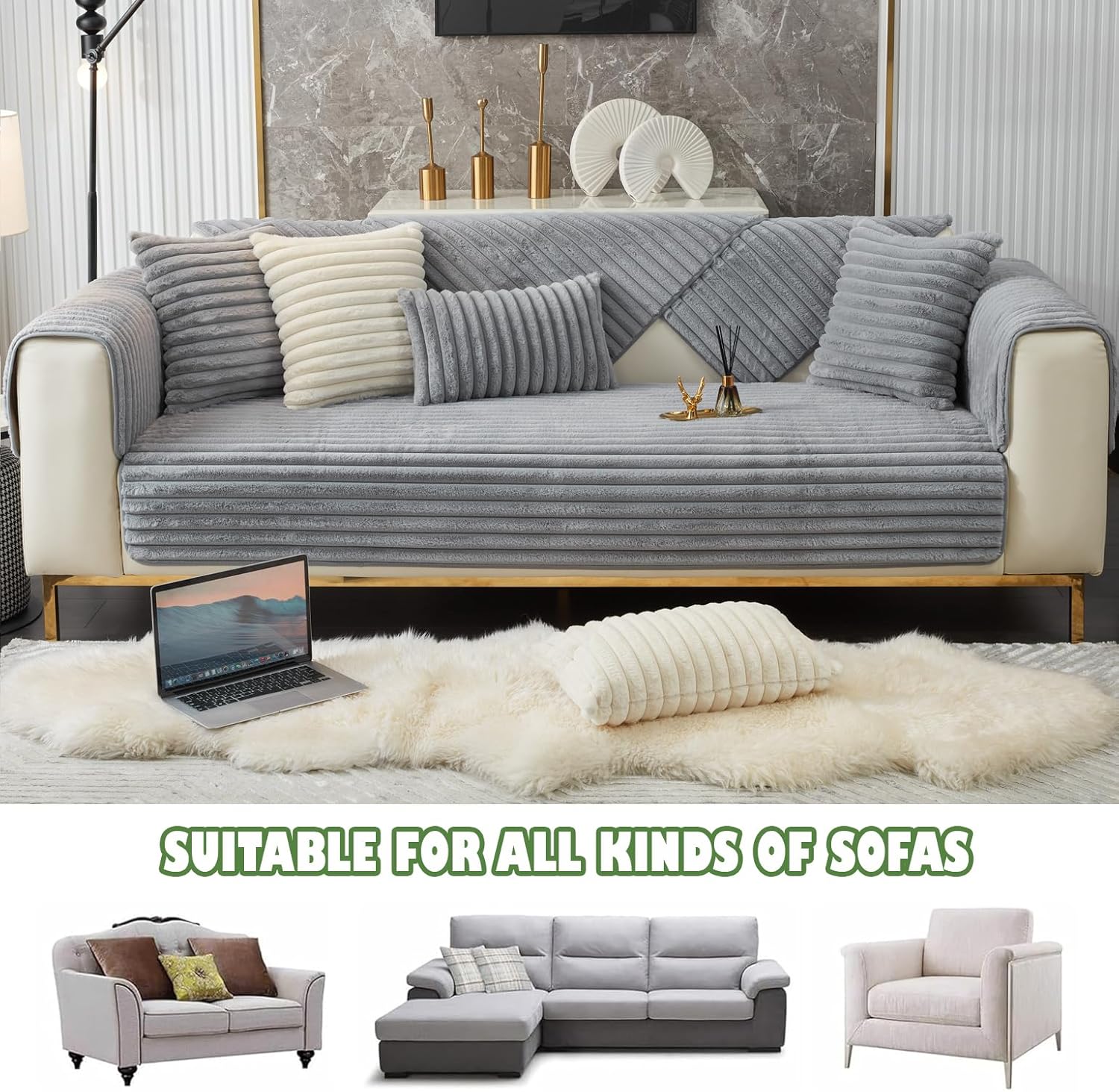 3D Striped Rabbit Plush Soft Sofa Mat Anti-Slip Fuzzy Plush- Grey