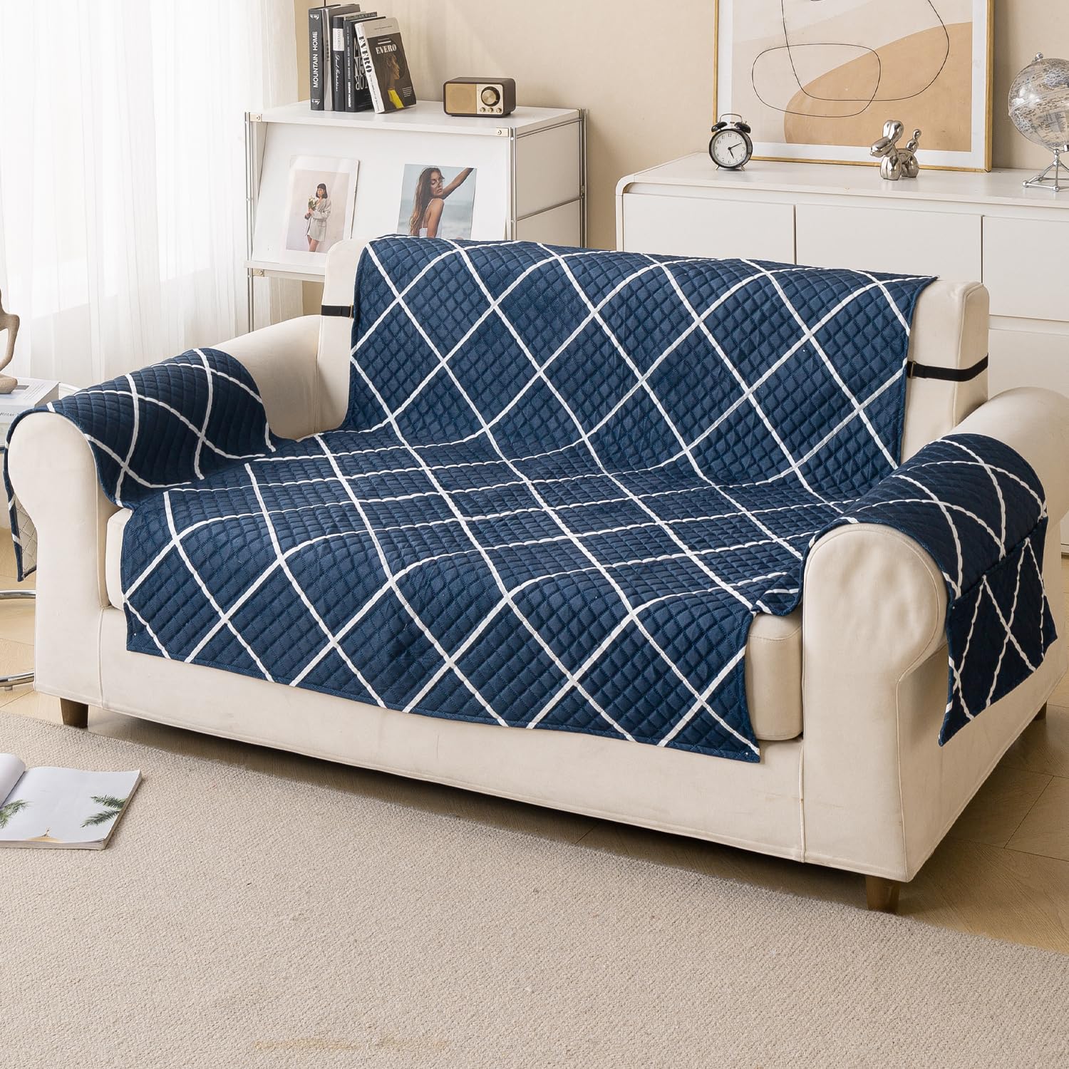 Quilted Printed Sofa Cover for Indian Sofa Set – Washable (Blue Diamond)