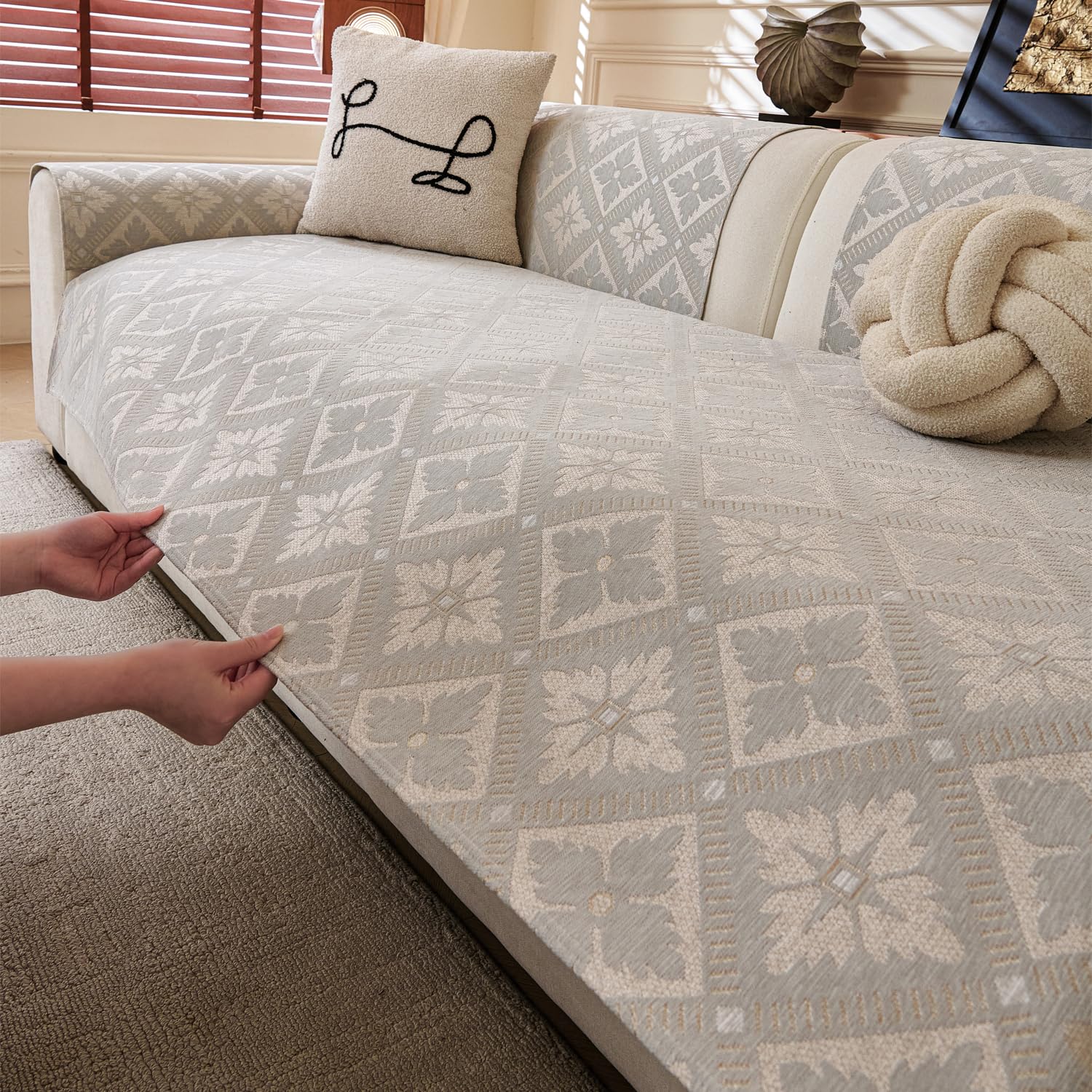 Lumen Series Chenille Jacquard Couch Cover – Quilted Non-Slip Washable Sofa (Grey)