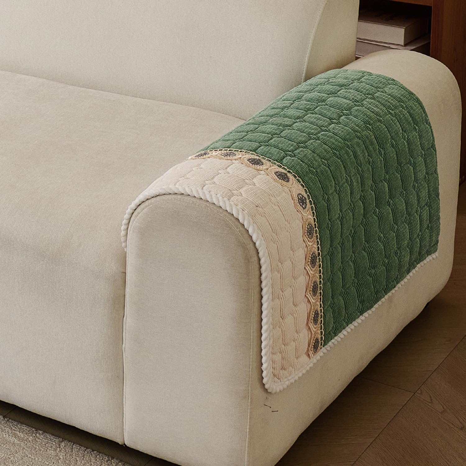 Waffle Quilt Corduroy Chenille Sofa Cover – Quilted, Non-Slip, Washable & Durable Protector (Green)