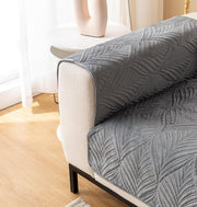 Velvet Palm Leaves Pattern Quilted Sofa Cover Set – 3-Piece (2 Armrest Covers 50x70cm + 1 Seat Cover) Grey